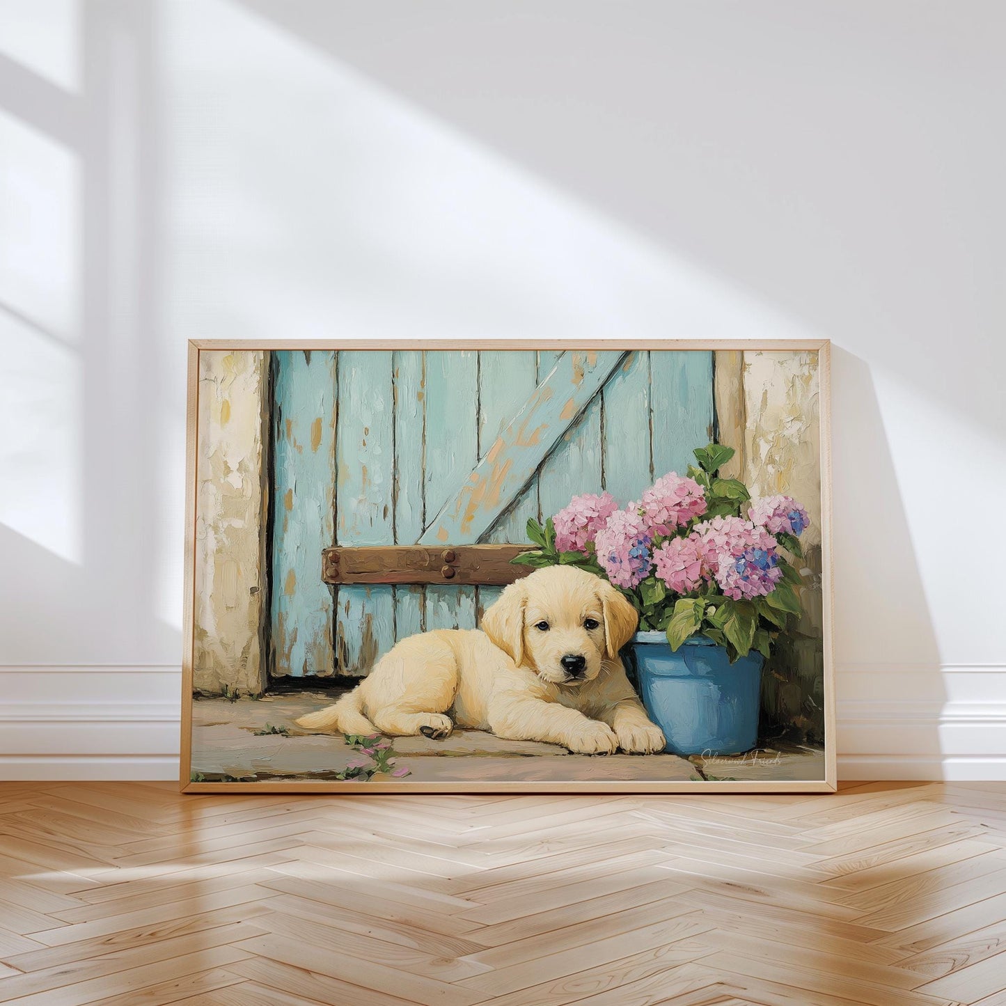 Cute puppy artwork for patio — lovely oil painting featuring a golden Labrador amidst charming rustic details.