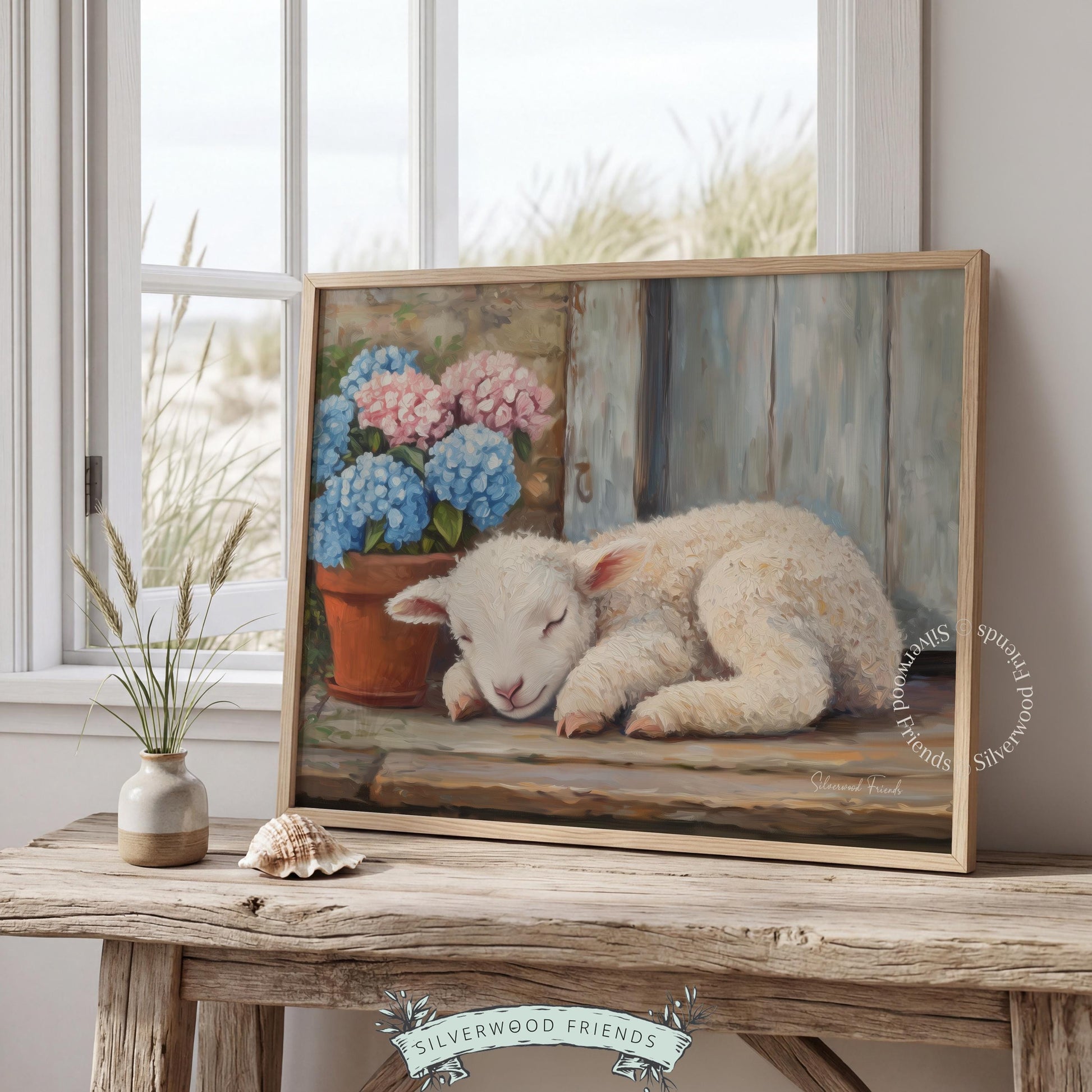 Napping sheep digital print for farmhouse-style space — serene artwork with soft textures and rustic floral accents for a cottage vibe.