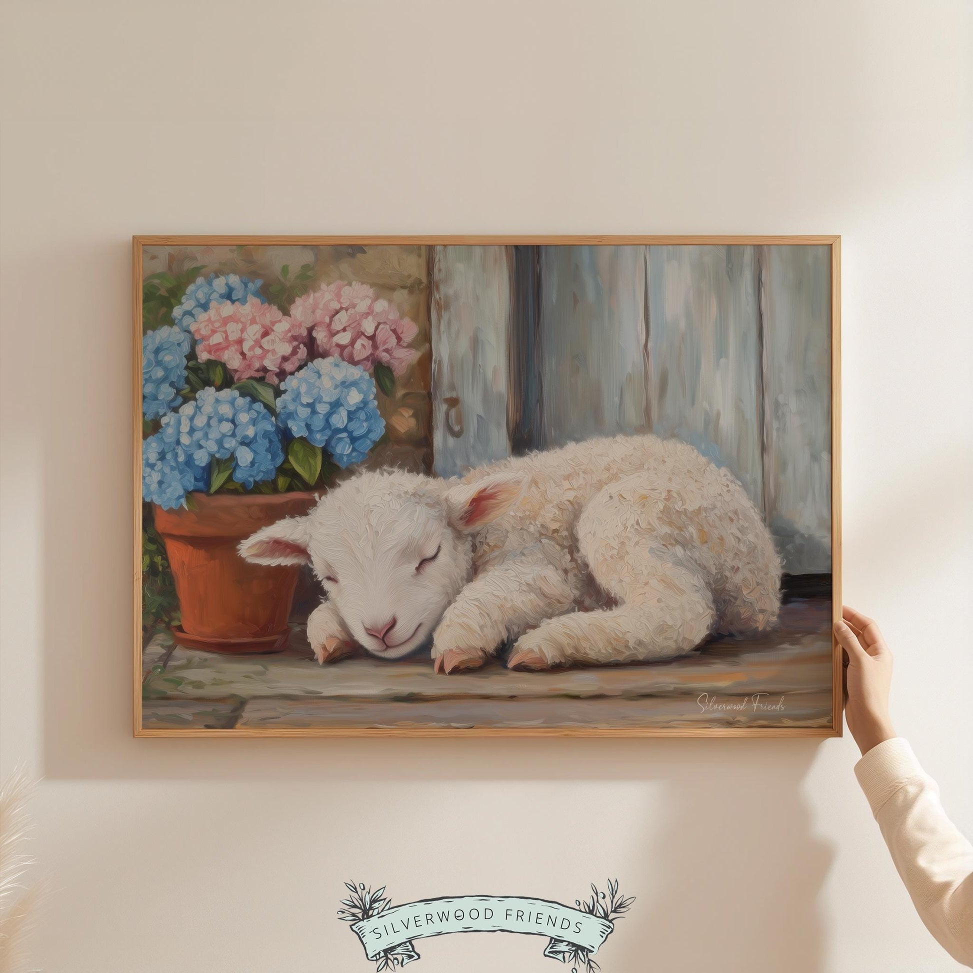 Content lamb artwork for kids' playroom — features a cuddle-worthy sheep with soft brushwork and calming pastel tones.