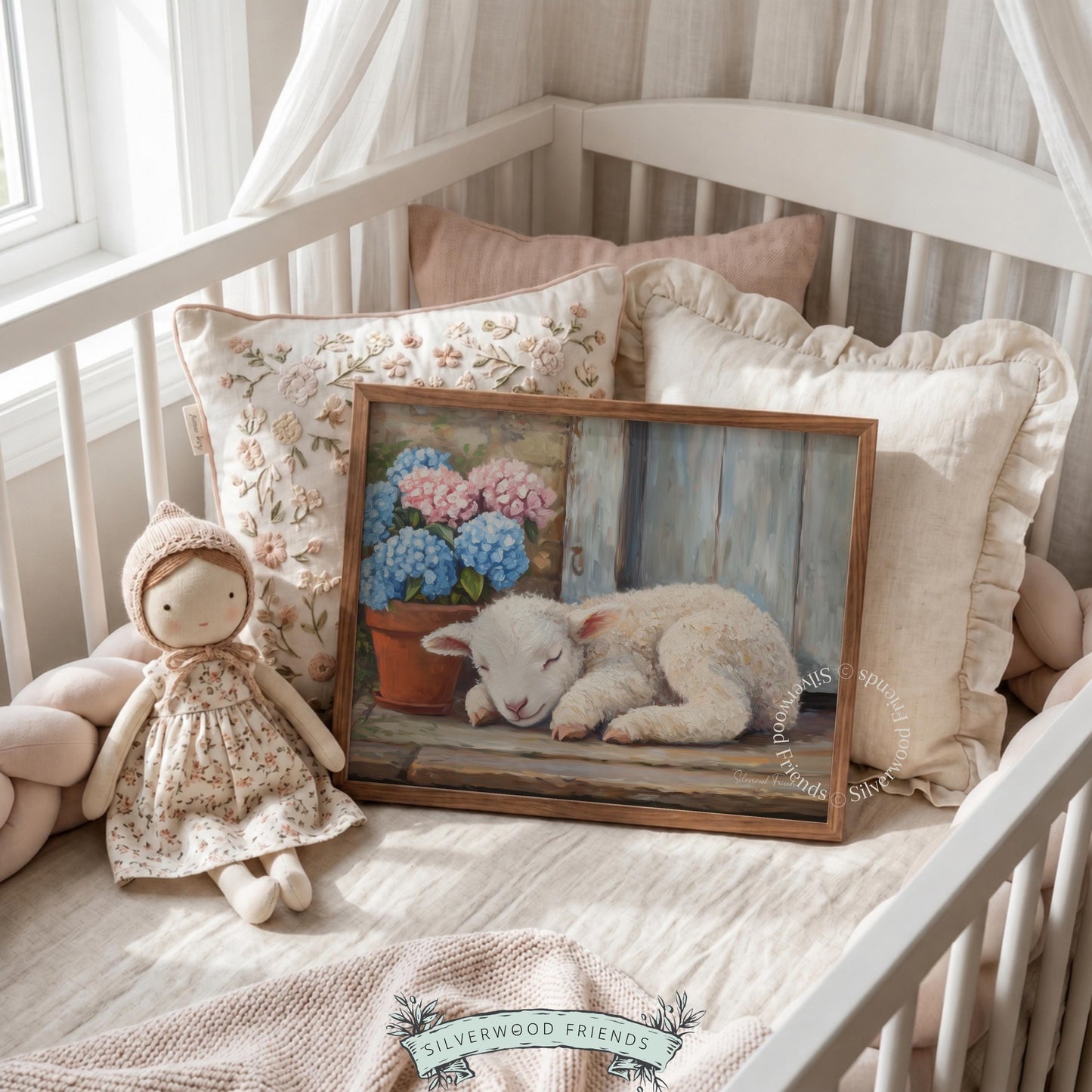 Cute lamb picture for country-themed space — traditional painting with a warm palette of pinks and blues, perfect for cozy decor.