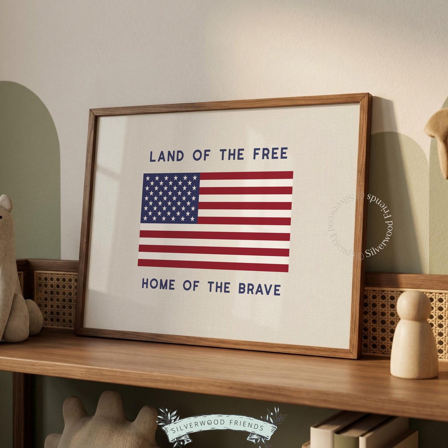 Farmhouse flag sign digital print for living room — classic red white blue Americana aesthetic