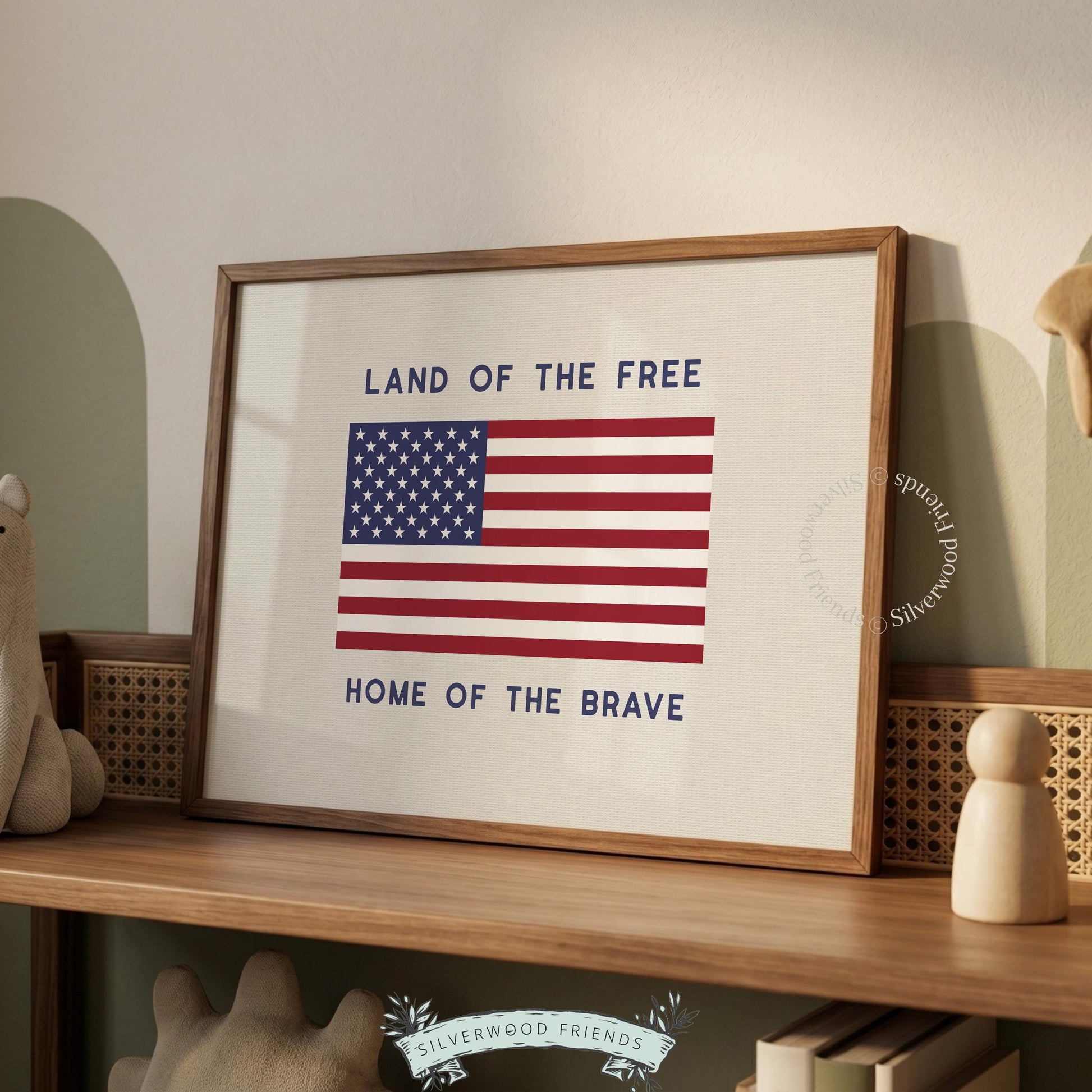 Farmhouse flag sign digital print for living room — classic red white blue Americana aesthetic