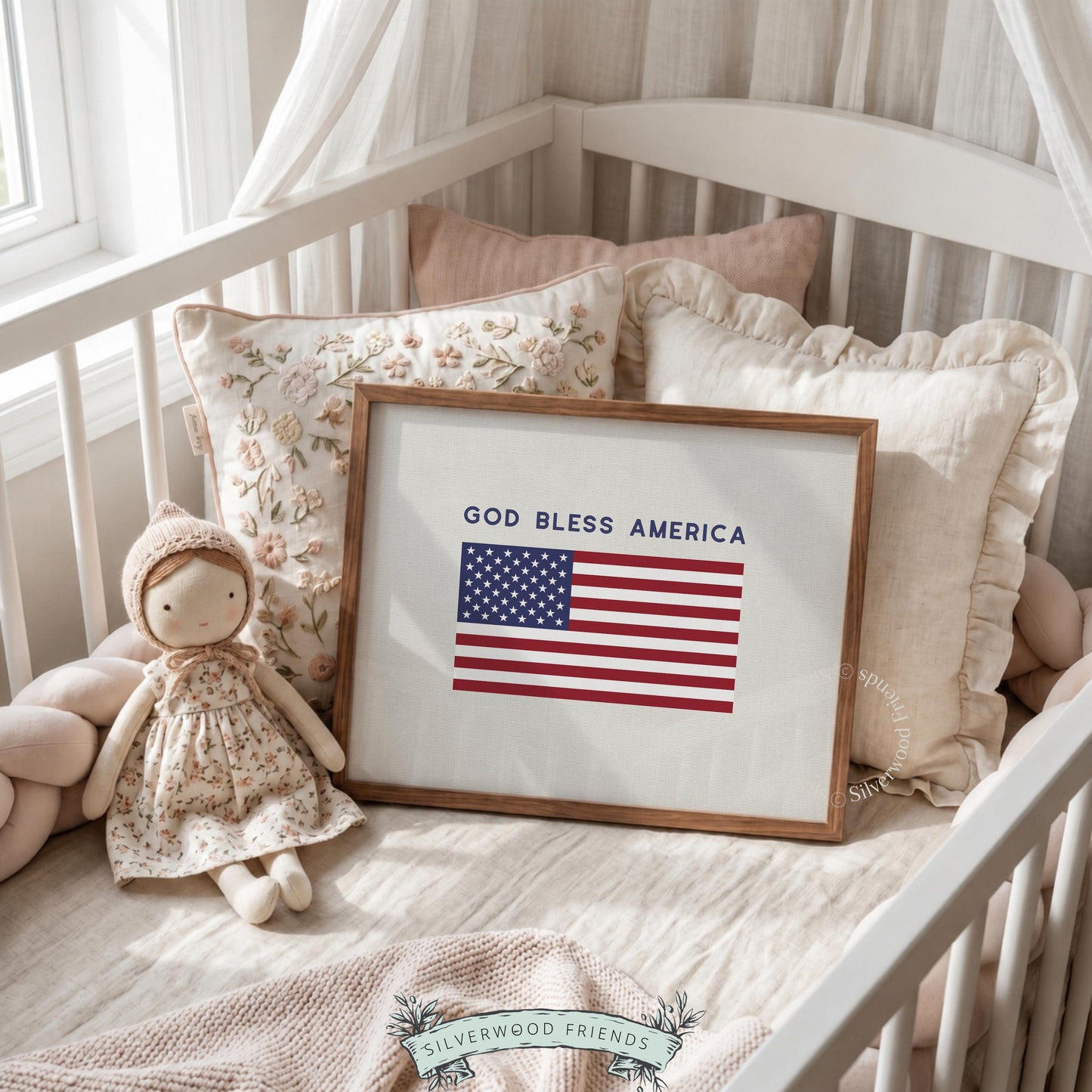 Patriotic home gallery wall art printable — simple flag graphic design with cream background year-round