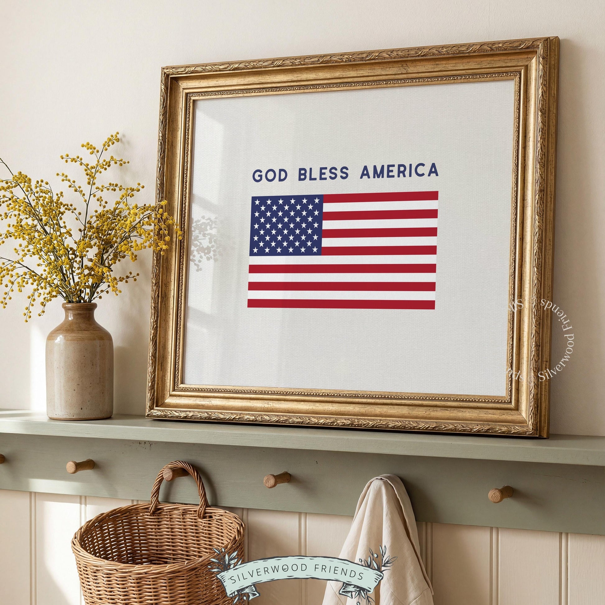 Patriotic entryway picture printable art — simple bold US flag with navy farmhouse typography farmhouse