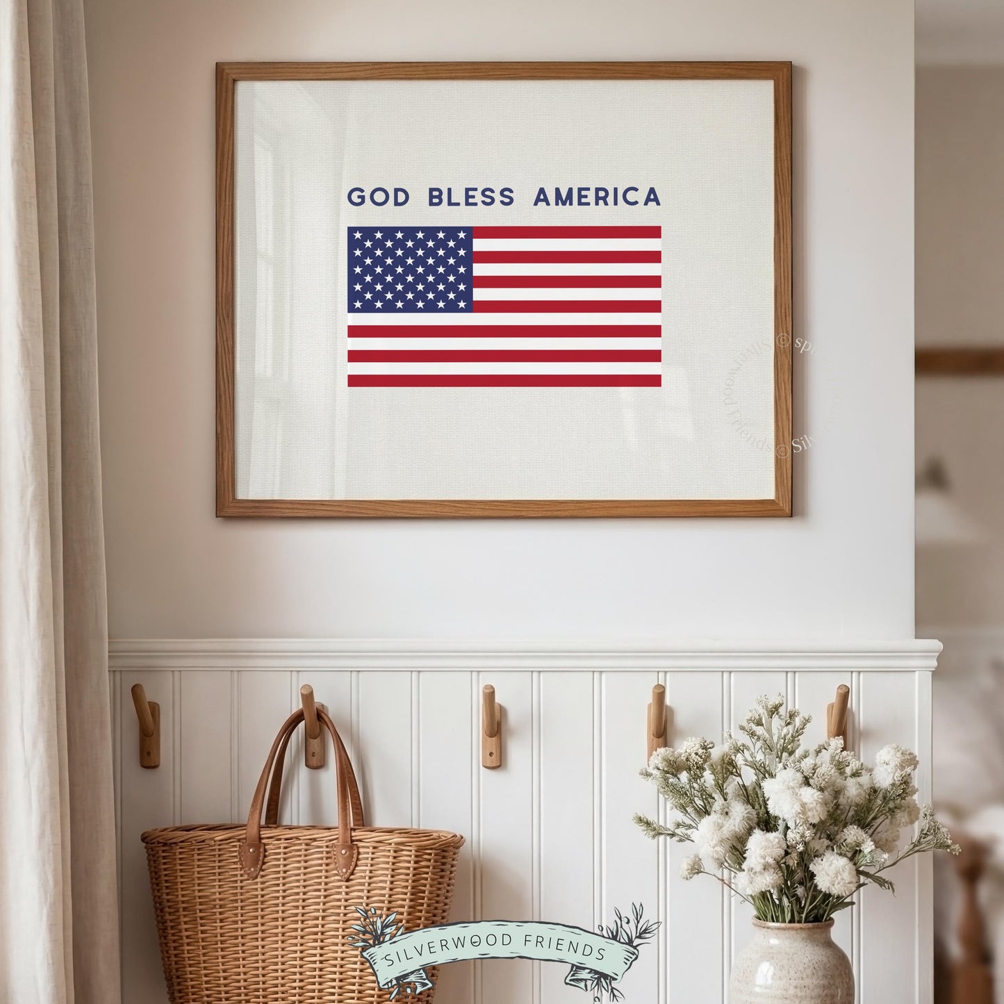 US flag wall art featuring bold red, white, and blue graphic design with navy lettering farmhouse style