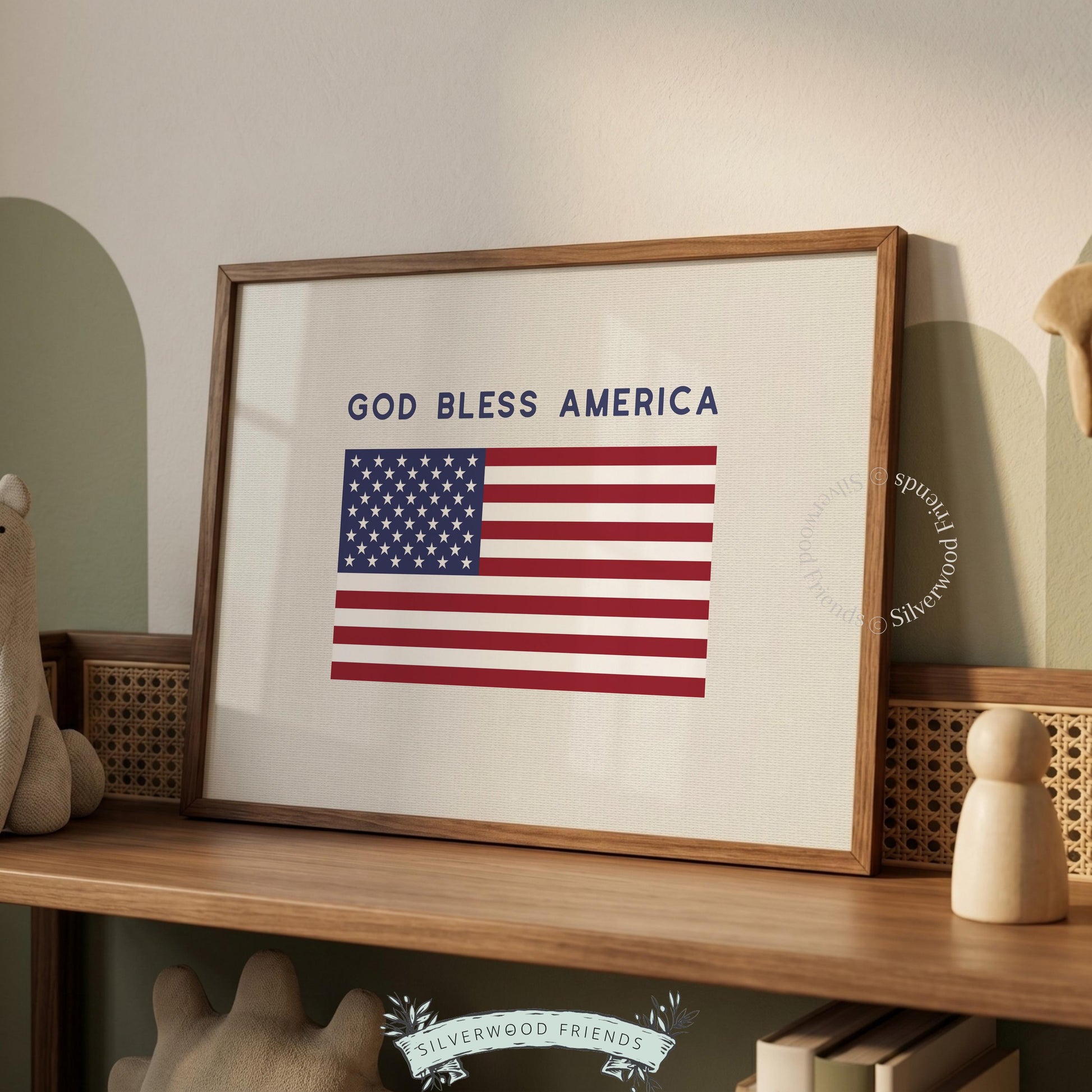 USA flag wall art for home office — minimalist patriotic artwork with centered flag neutral linen feel