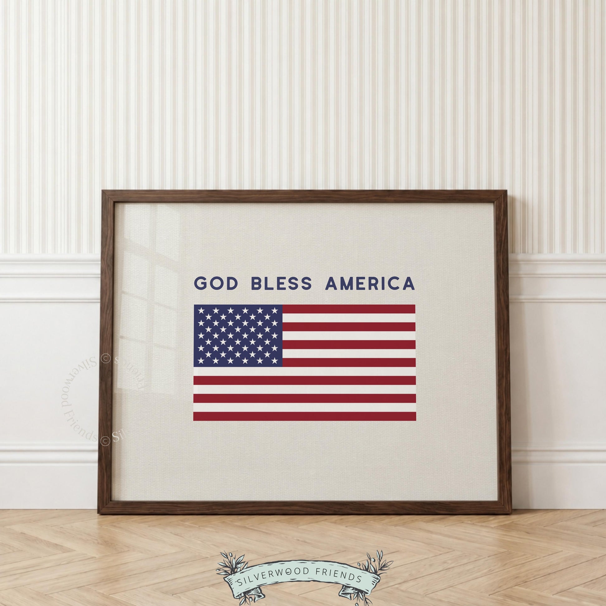 American flag poster for kitchen — bold farmhouse typography "God Bless America" with light texture
