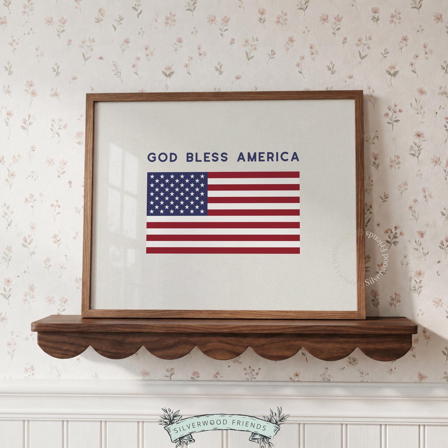 Fourth of July poster graphic — American flag flat design with bold navy "God Bless America" text cream