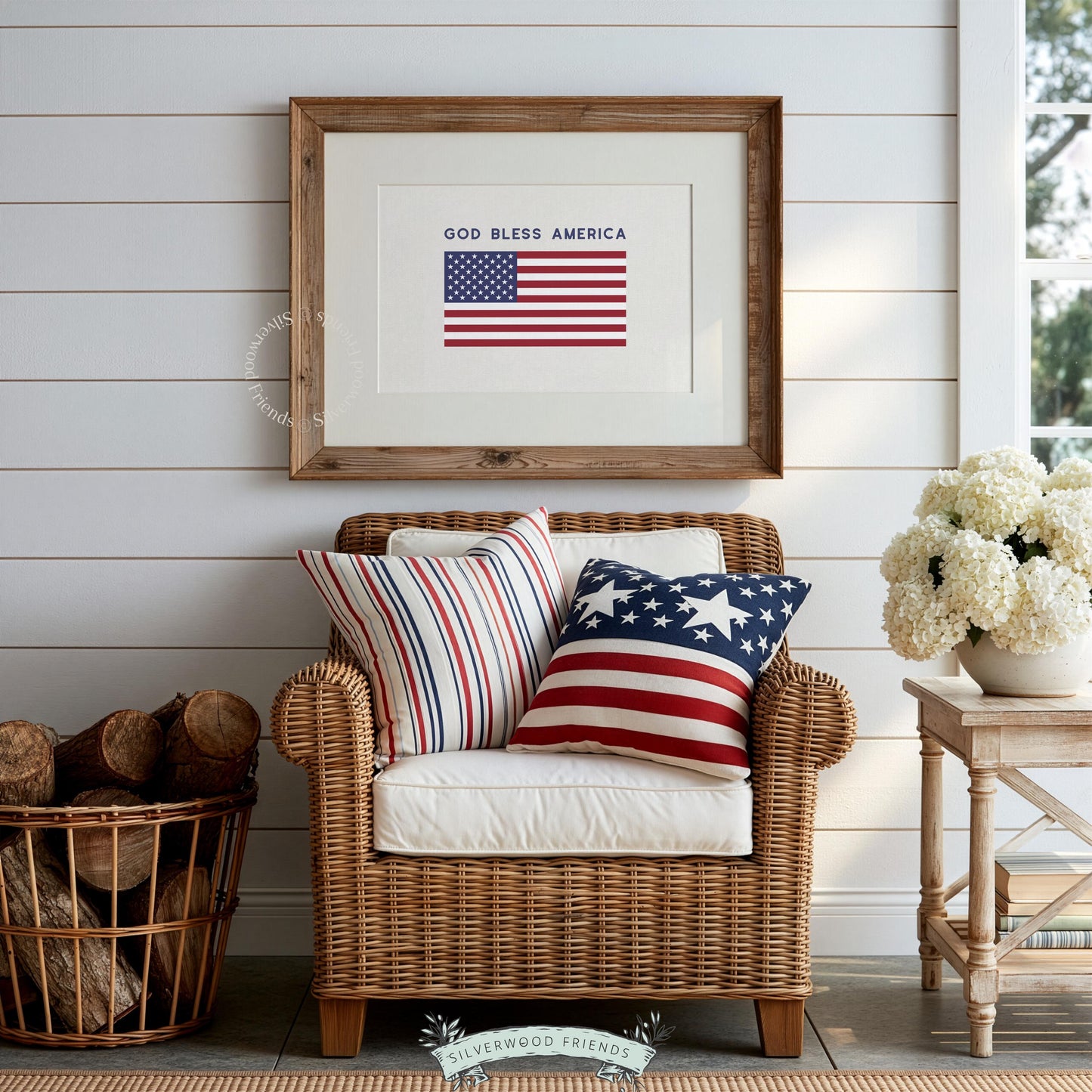 Patriotic gallery wall art printable — simple American flag flat graphic with farmhouse neutral background