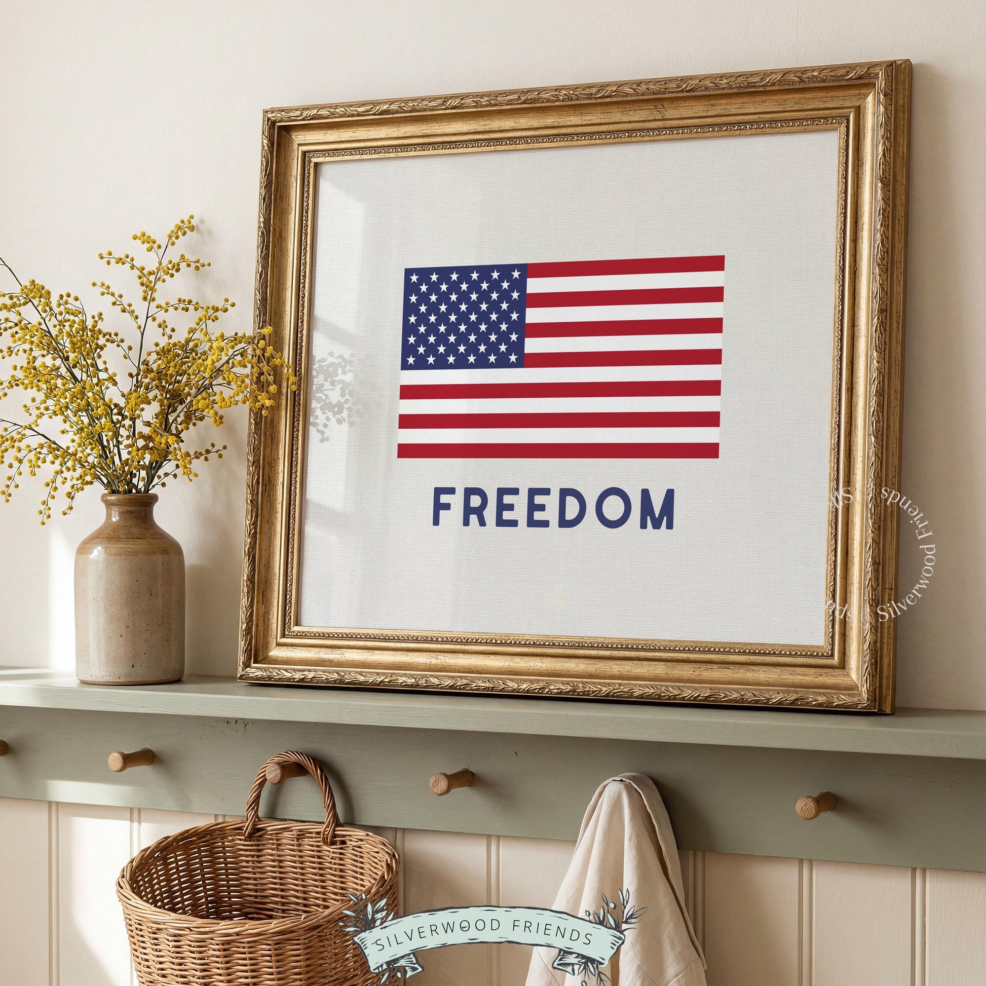 Freedom text with flag graphic printable poster — clean modern patriotic design for kitchen