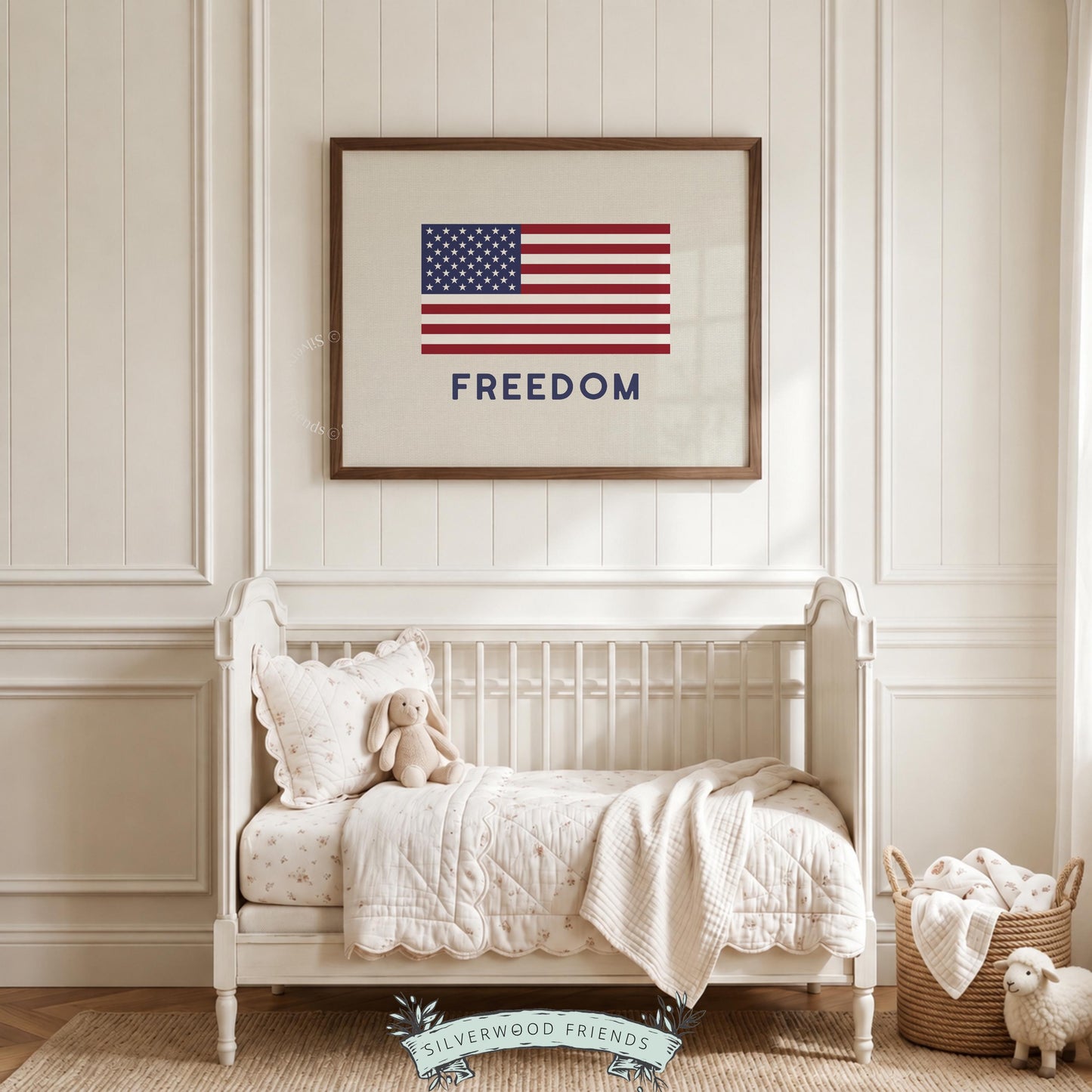 Patriotic flag wall art with bold navy lettering — simple freedom-themed modern poster