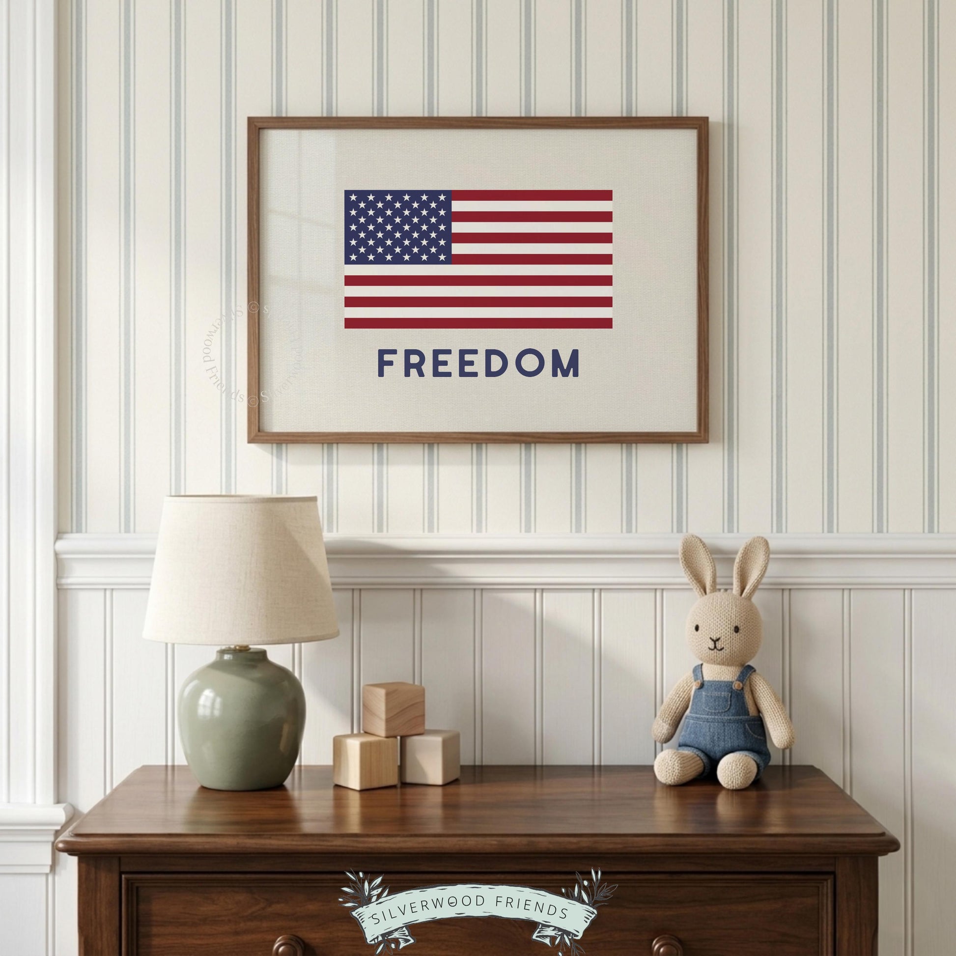 Flag-centered wall art featuring freedom typography — modern patriotic artistic print design