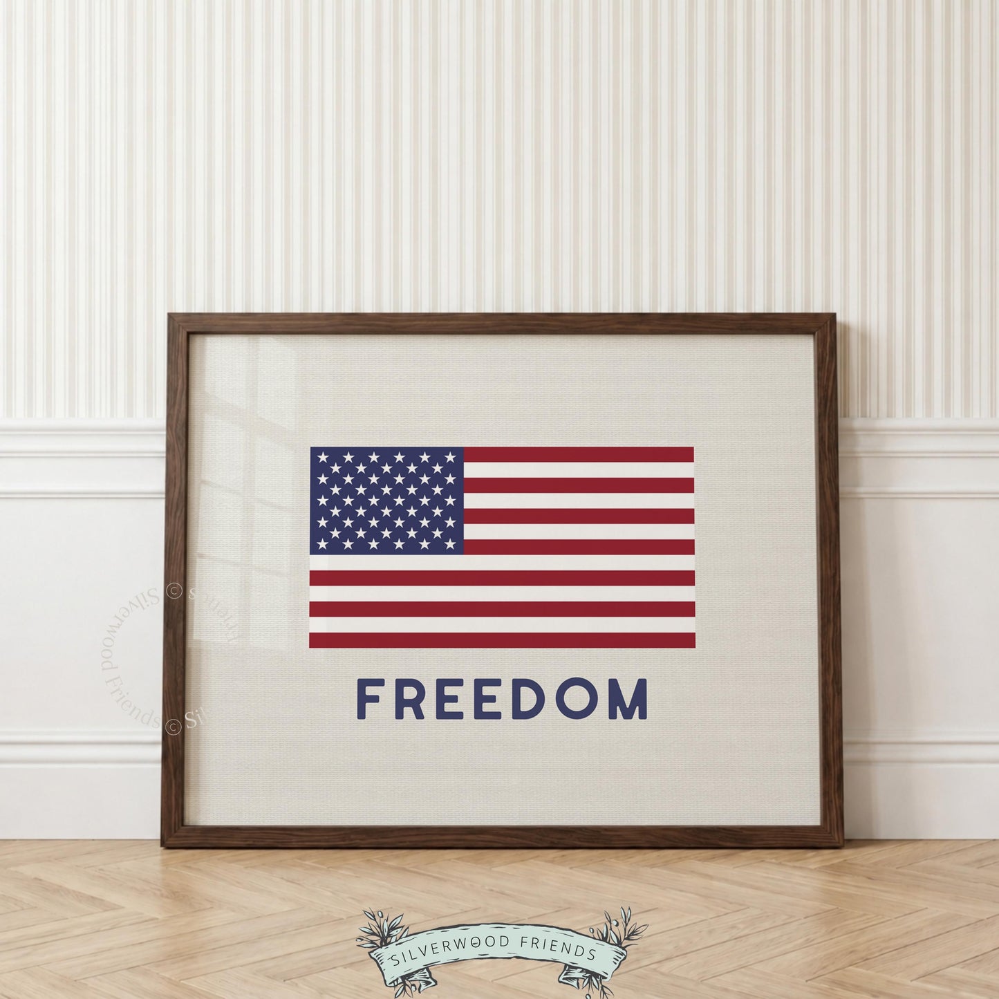 Centered flag graphic with freedom text wall art — modern patriotic design for any room