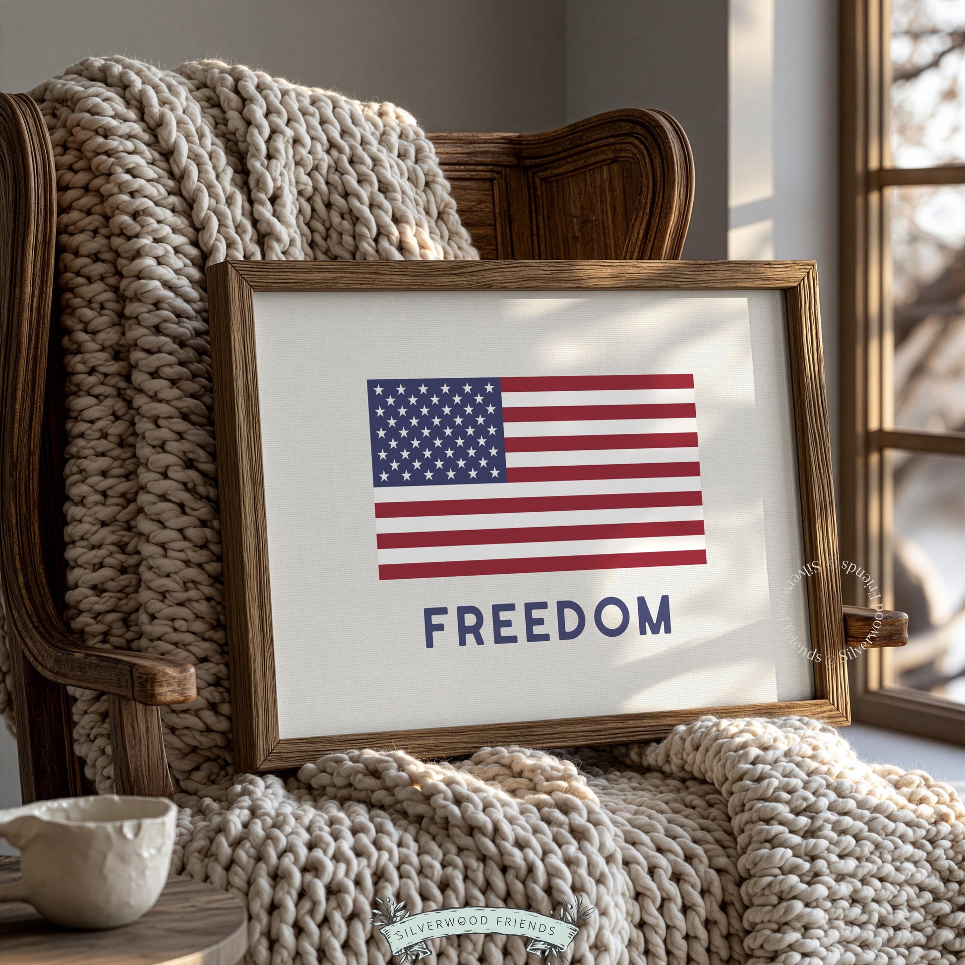 Freedom word with centered flag artwork — clean graphic print for bedroom americana decor