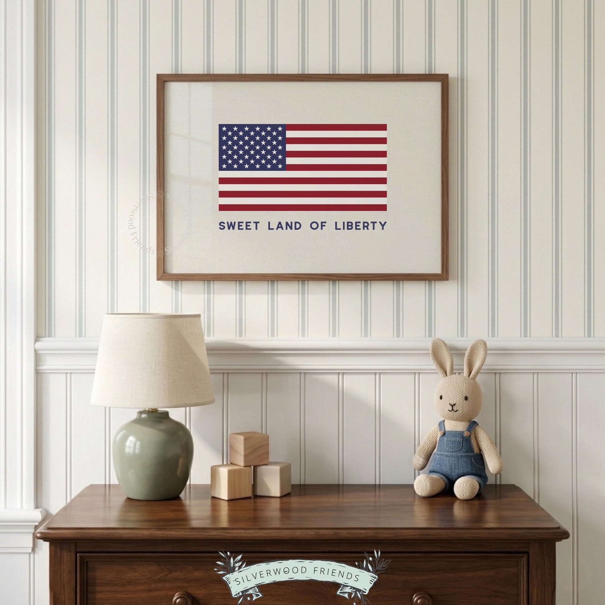 Flag print artwork for patriotic home gallery — clean, iconic Americana with nostalgic farmhouse charm