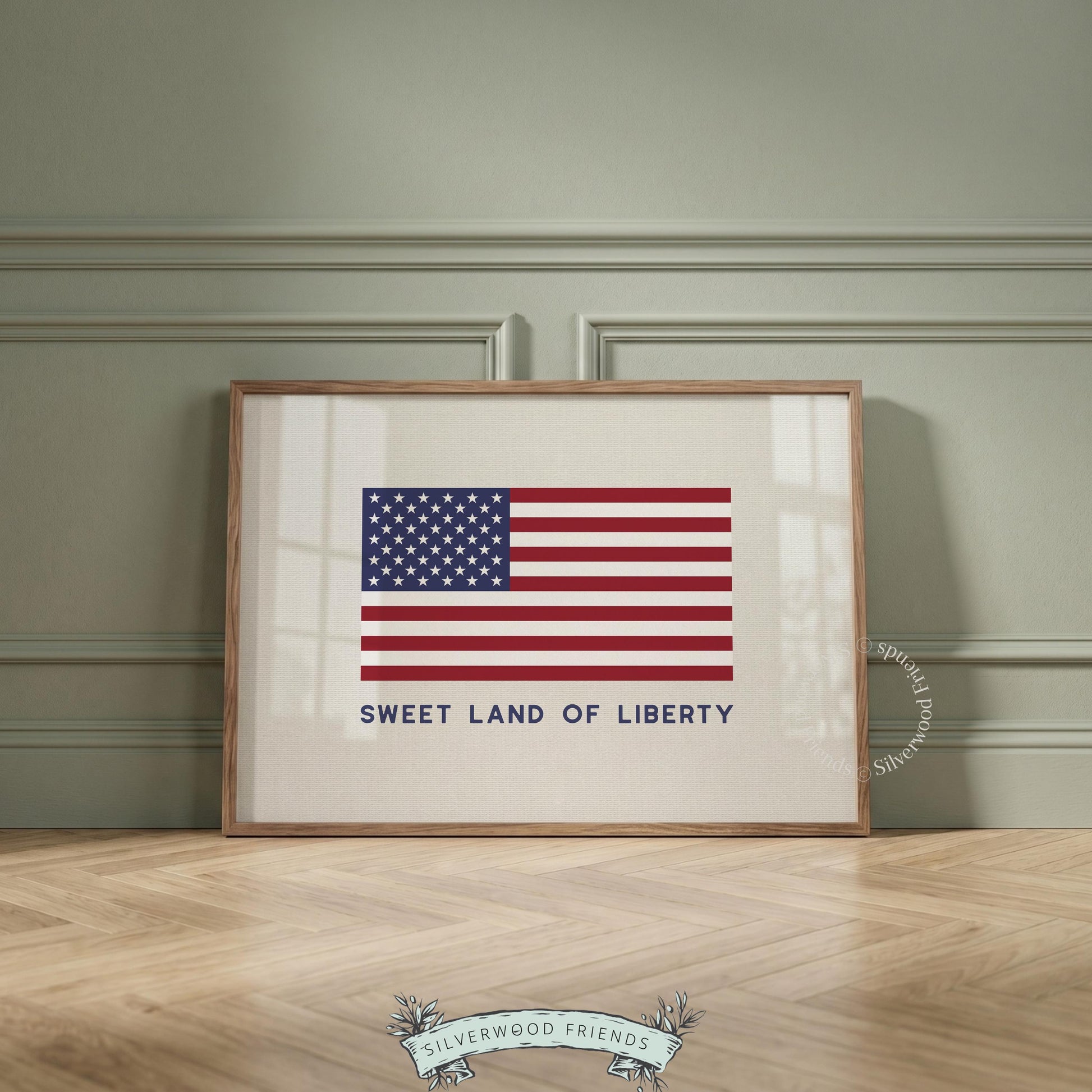 Farmhouse flag art printable for kitchen — rustic patriotic aesthetic with warm linen texture