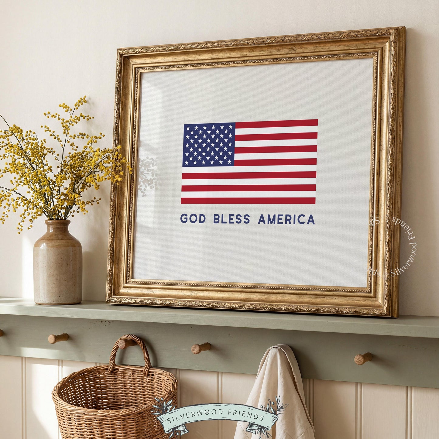 Patriotic seasonal artwork featuring flag and text — ideal printable for 4th of July and national holidays