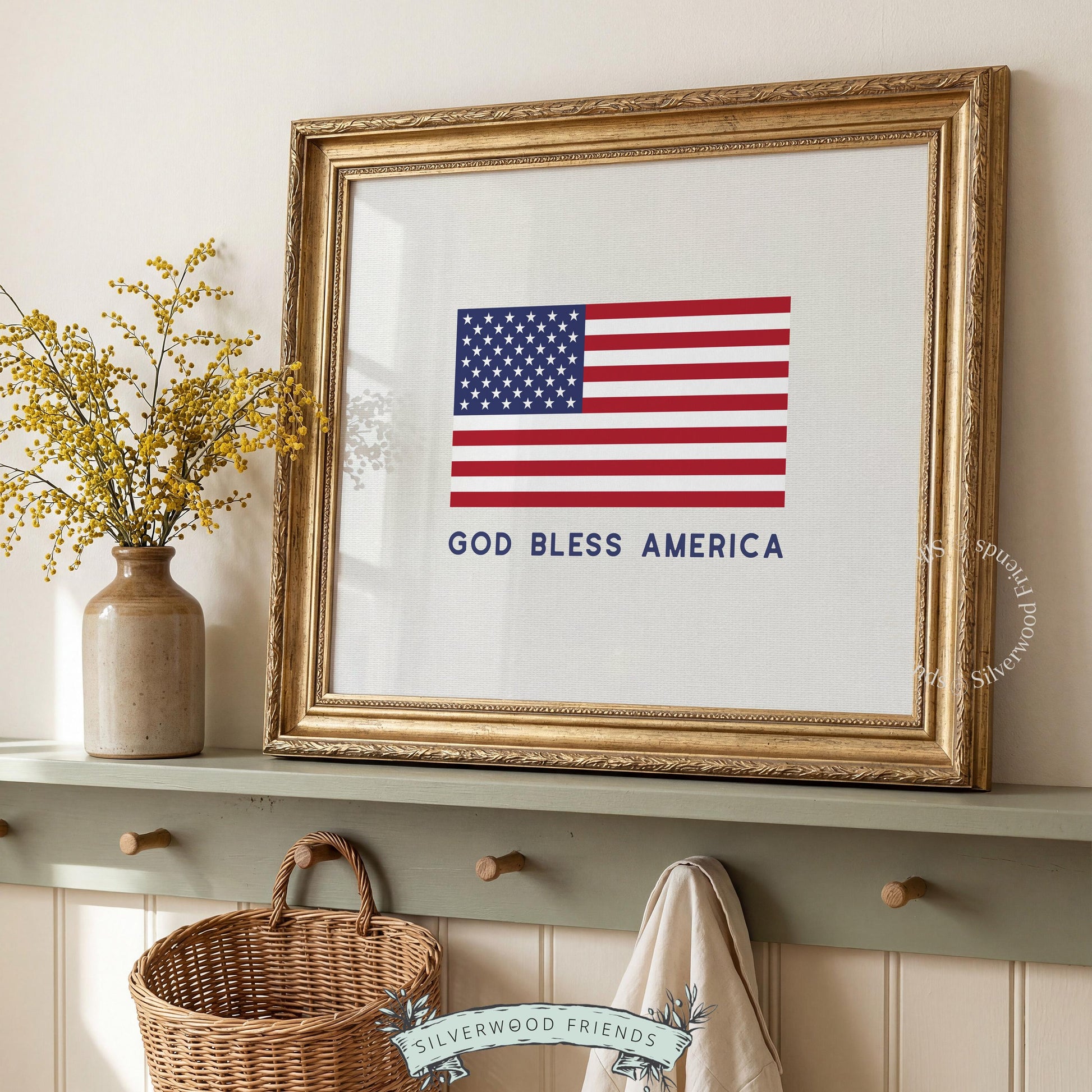Patriotic seasonal artwork featuring flag and text — ideal printable for 4th of July and national holidays