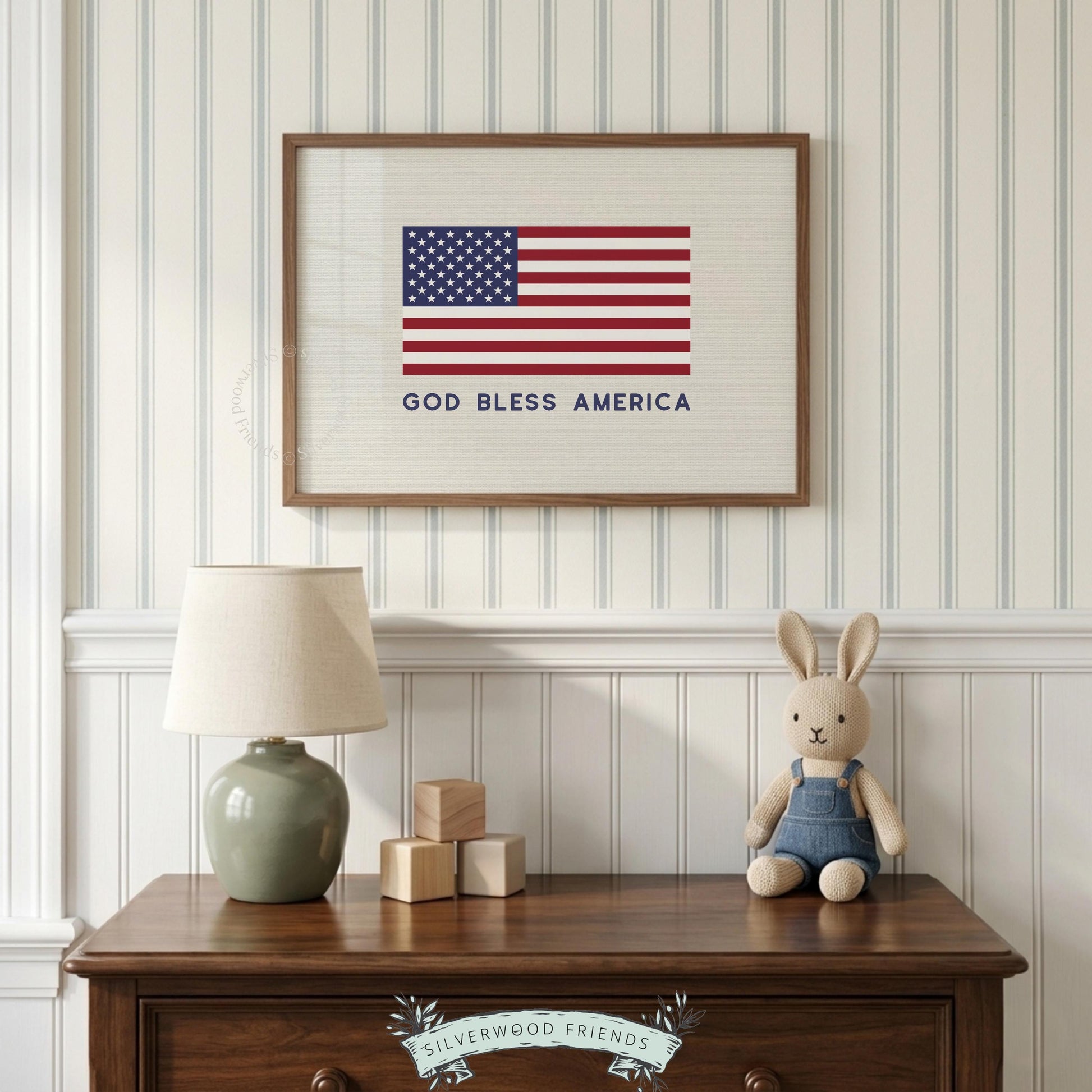 American flag instant download art — vintage-inspired design with "God Bless America" sentiment