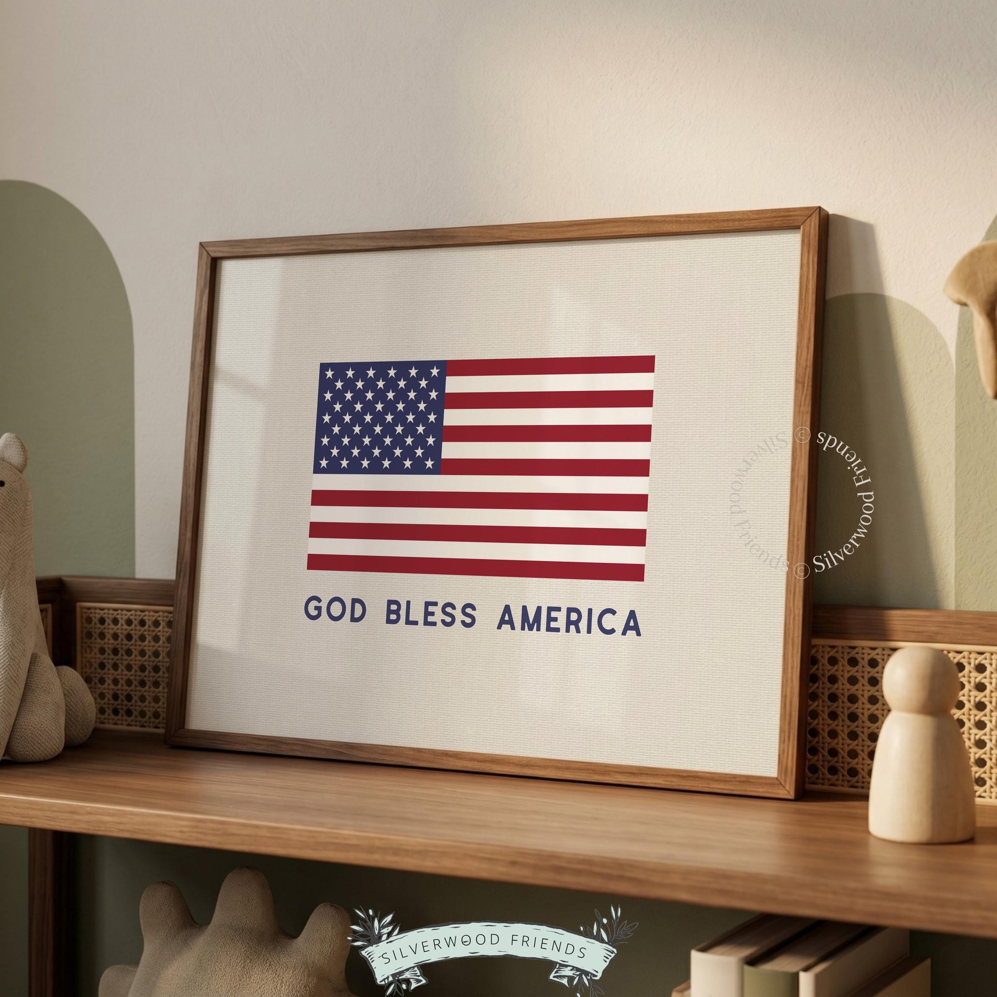 Patriotic printable art celebrating national pride — simple flag imagery with blessing text overlay