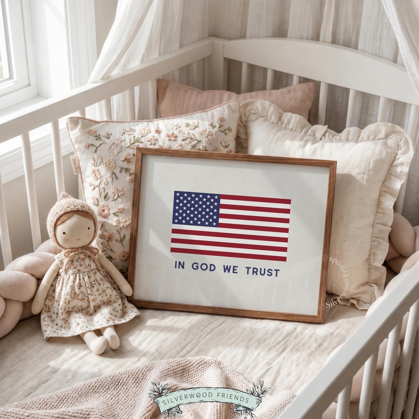 Patriotic flag picture with centered red, white, blue stripes — minimalist printable for entryway