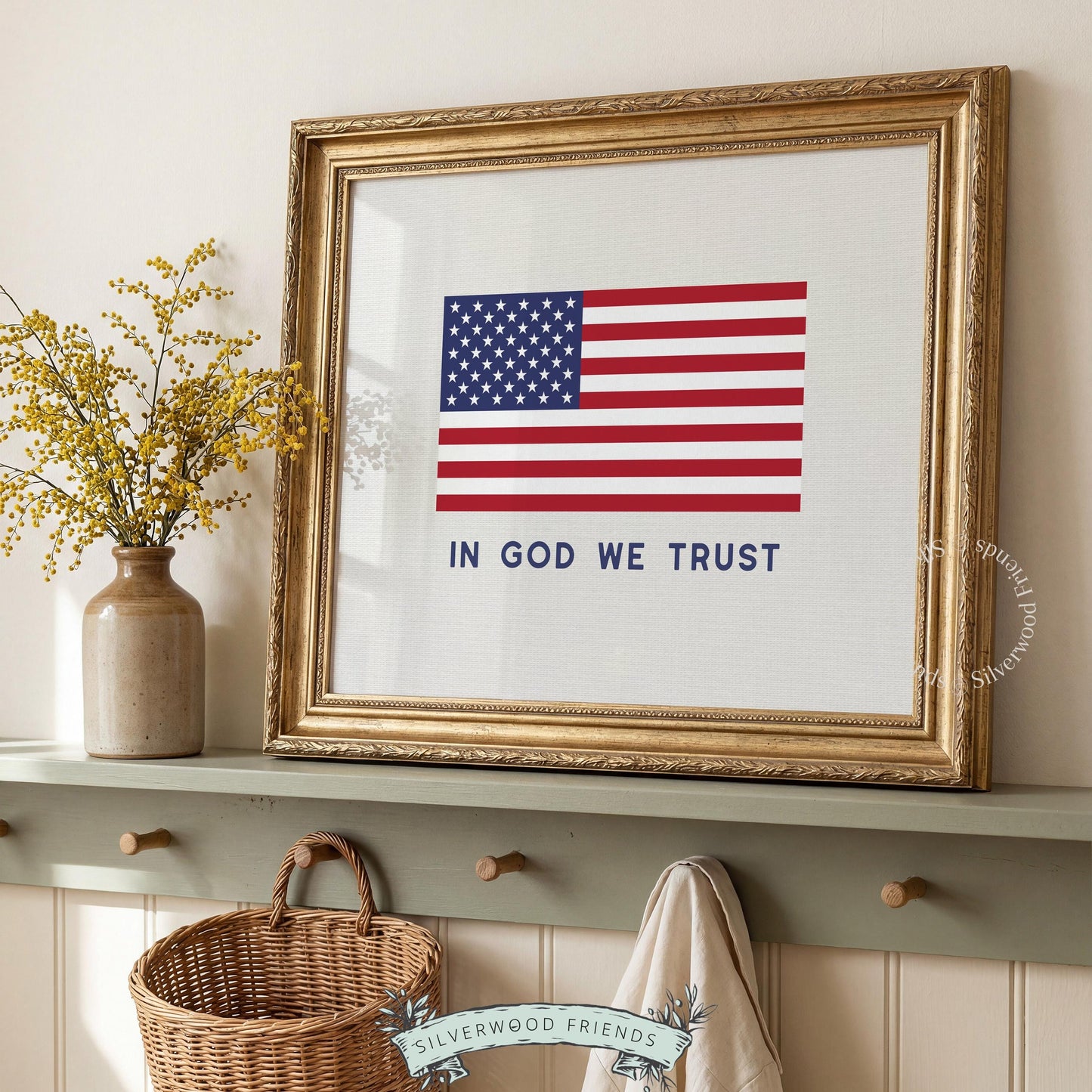 Classic American flag painting with navy lettering design — home office wall art printable