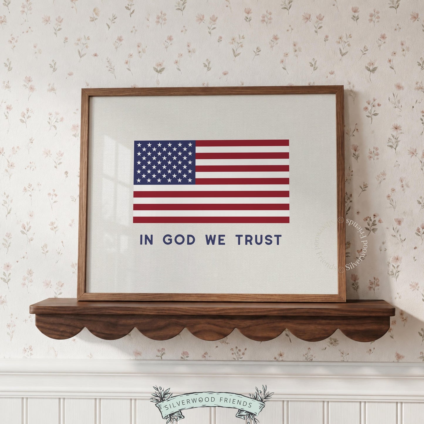 American flag printable art with "In God We Trust" text — patriotic minimalist design for living room
