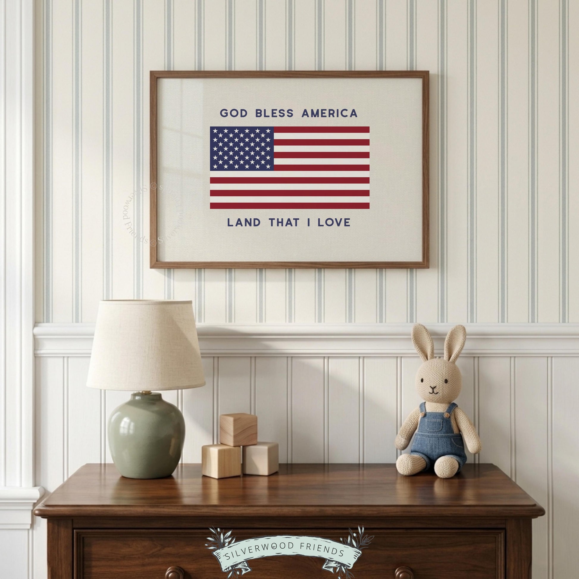 Fourth of July wall poster for bedroom — flag design with motivational text in clean minimal style