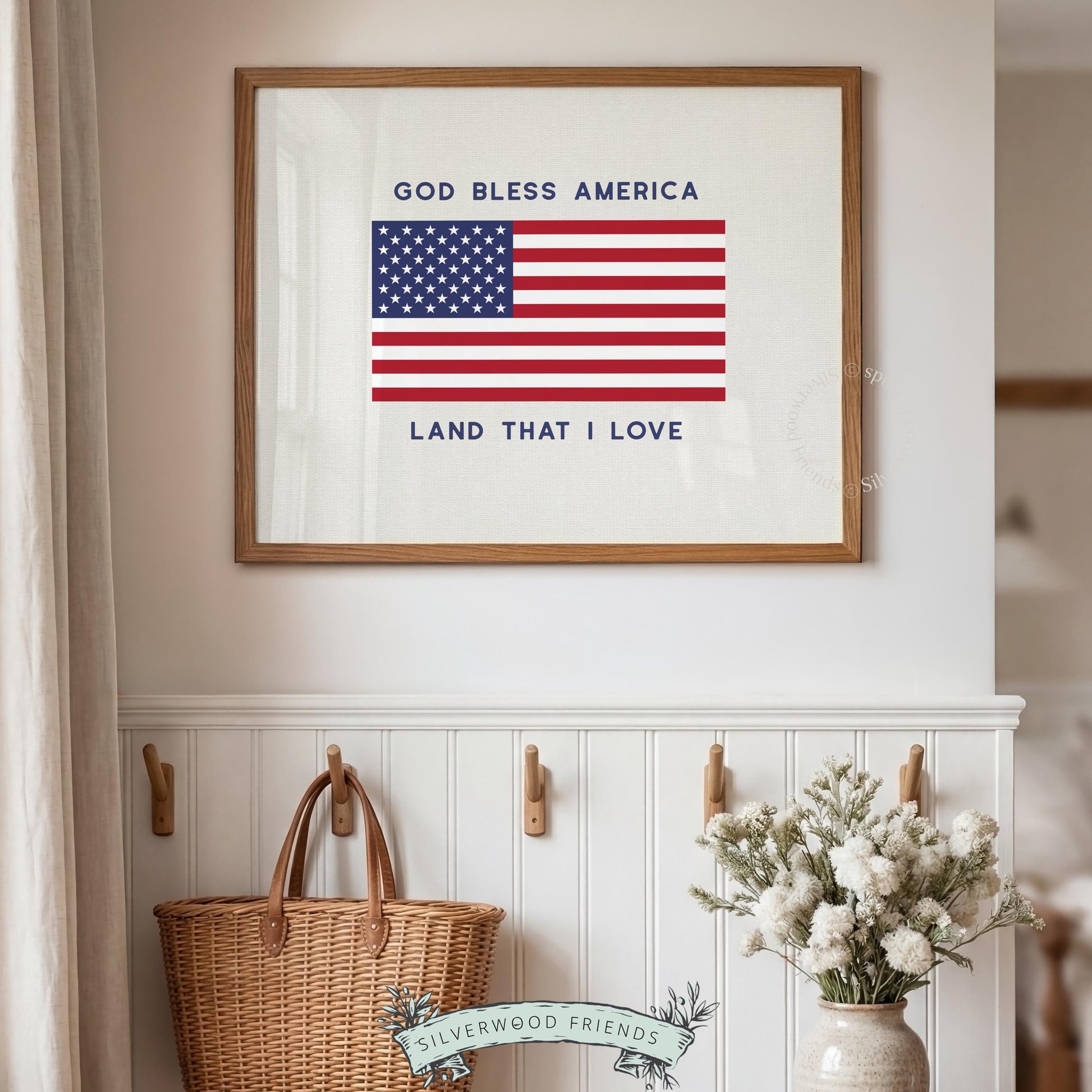 Fourth of July digital print for gallery wall — vintage-inspired flag artwork with inspirational text and clean lines