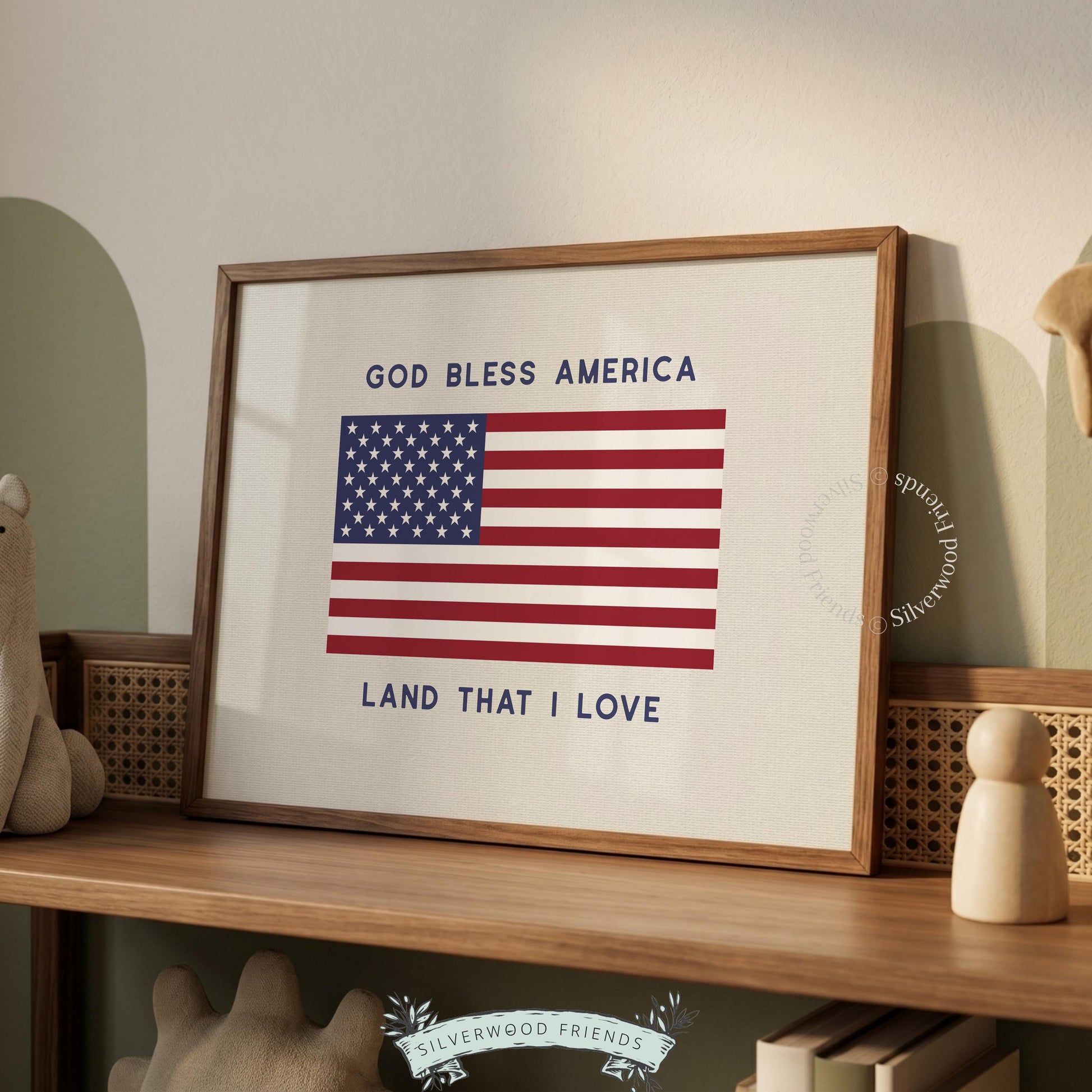 Farmhouse flag sign digital art for living space — patriotic quote with centered emblem in traditional colors