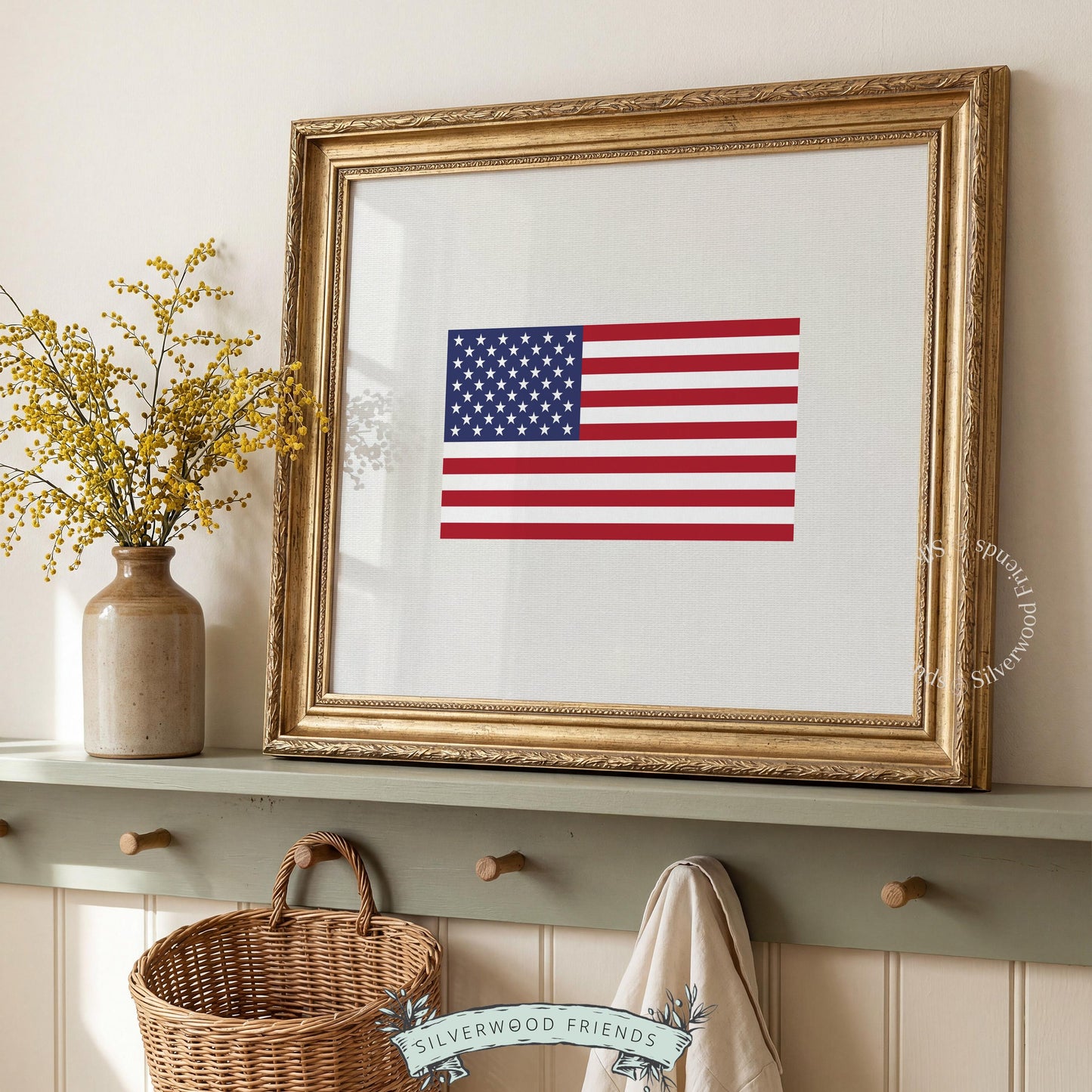 Patriotic flag picture for seasonal display — iconic stars and stripes graphic in timeless red, white, blue