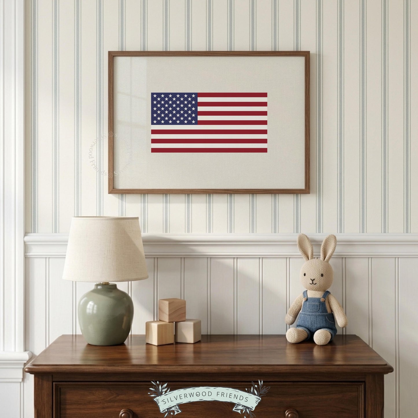 Centered flag graphic printable art for modern home — minimalist stars and stripes in bold primary colors