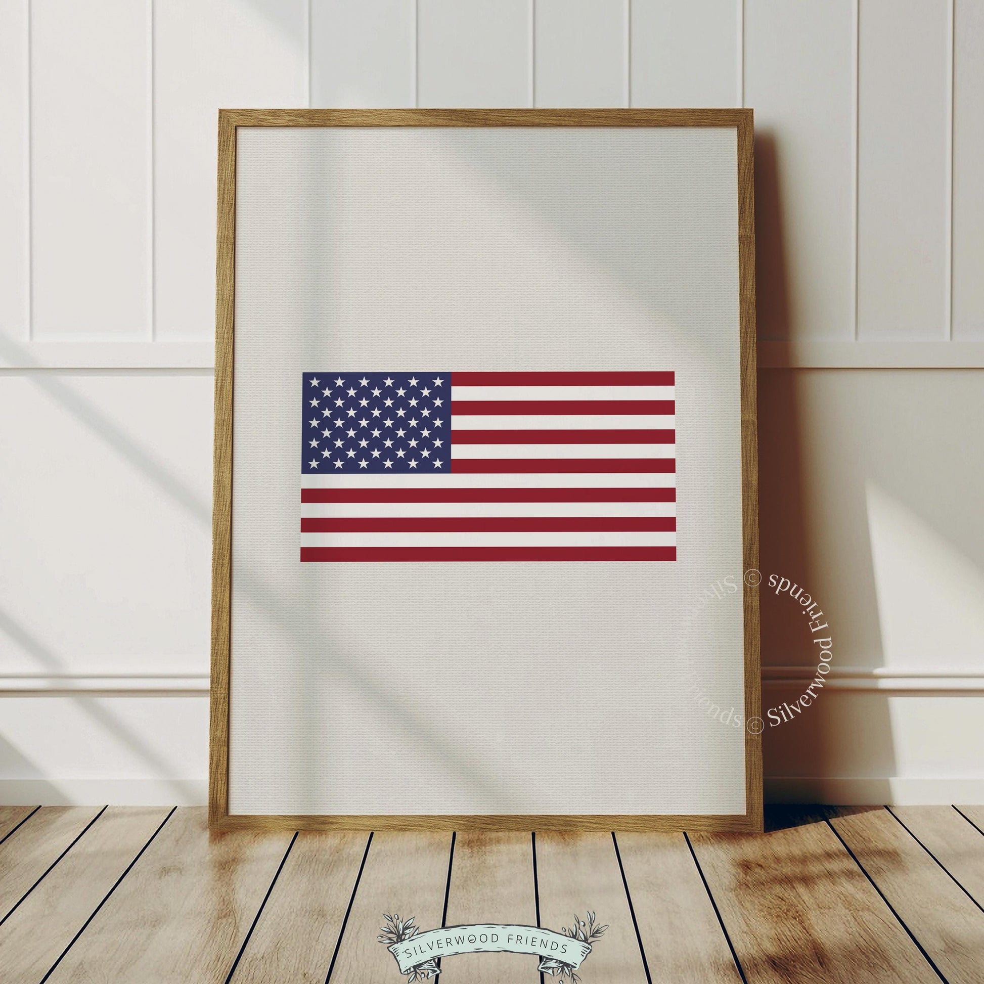 Patriotic flag print digital download — rustic farmhouse aesthetic with neutral warm backdrop
