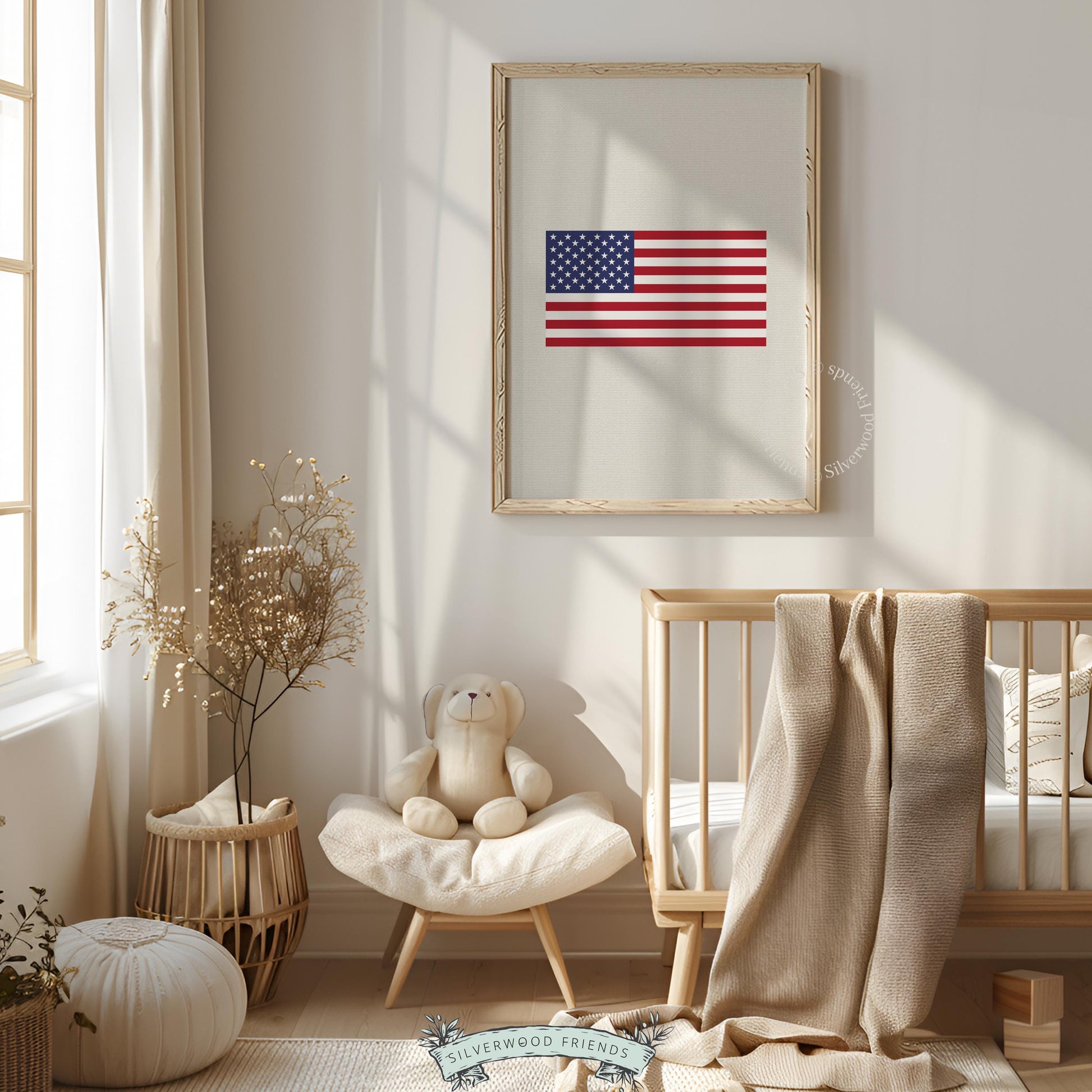 American flag digital download poster — farmhouse-inspired with soft, aged neutral palette
