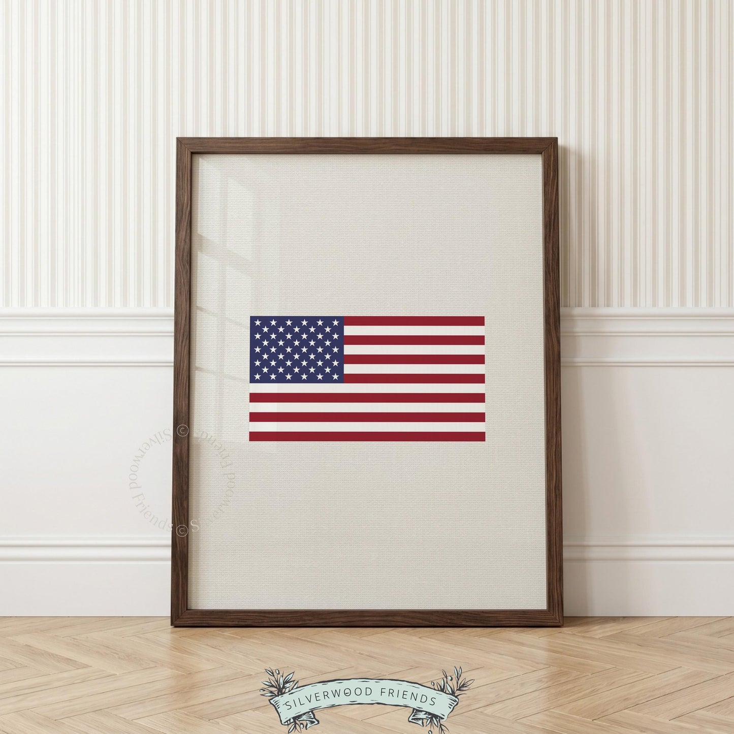 Vintage-style flag print wall decor for entryway — muted patriotic colors and flat graphic style