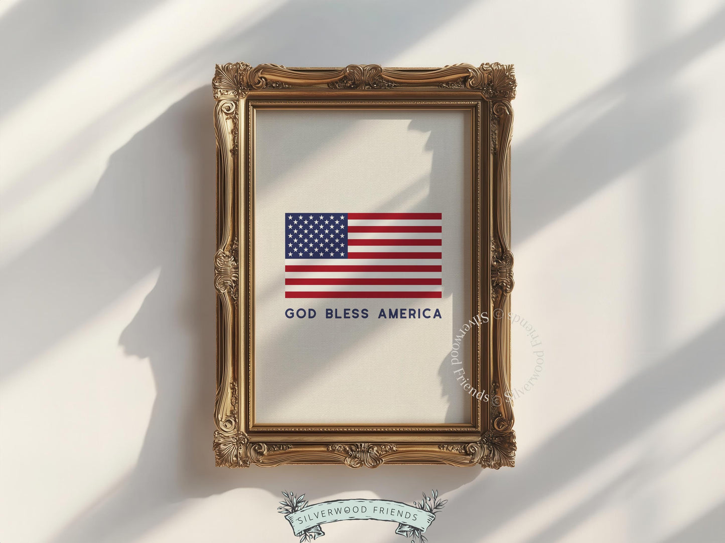 Minimalist patriotic wall art showcasing flag and sentiment — vintage-style red and blue printable