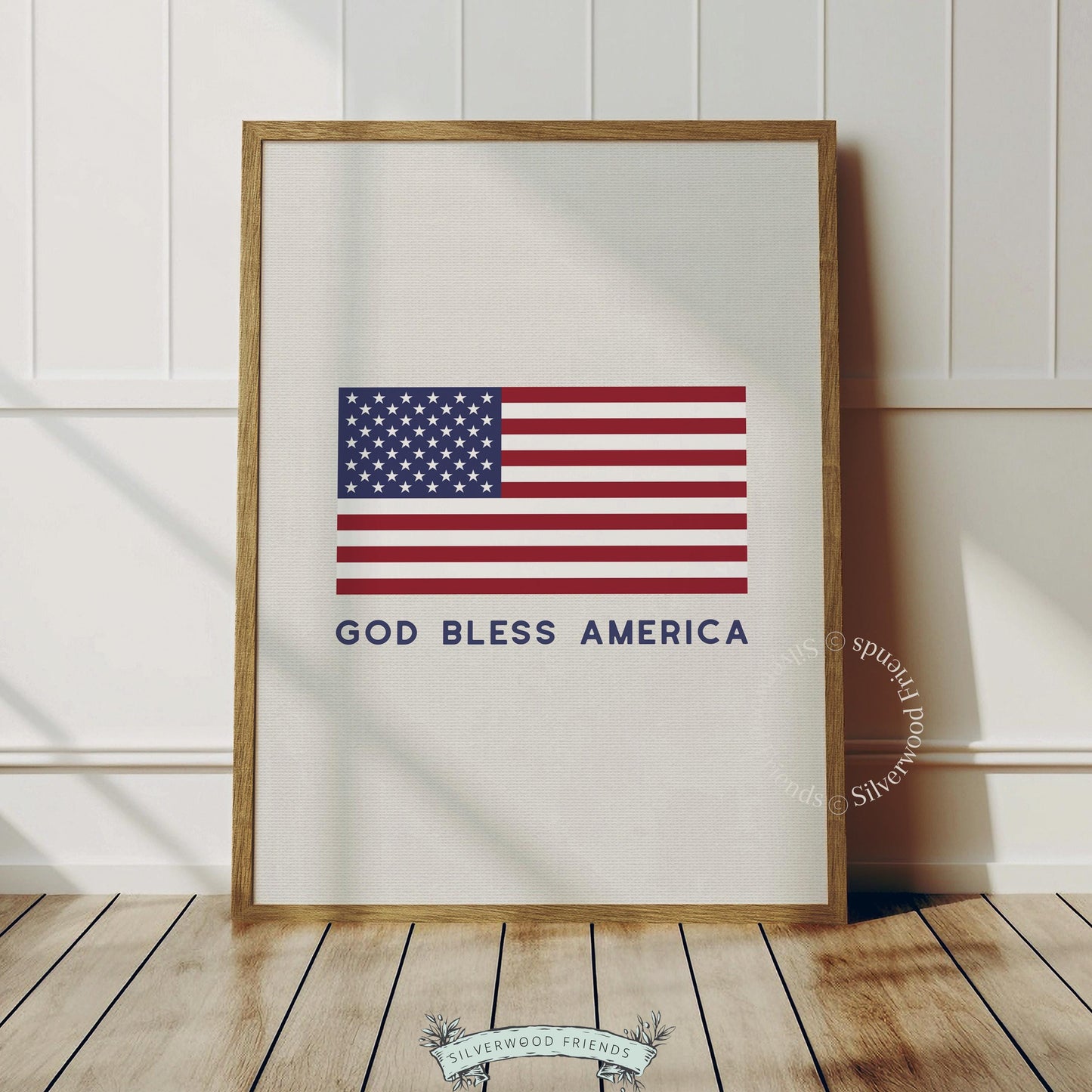 "God Bless America" digital print with classic flag imagery — rustic Americana wall art for entryway