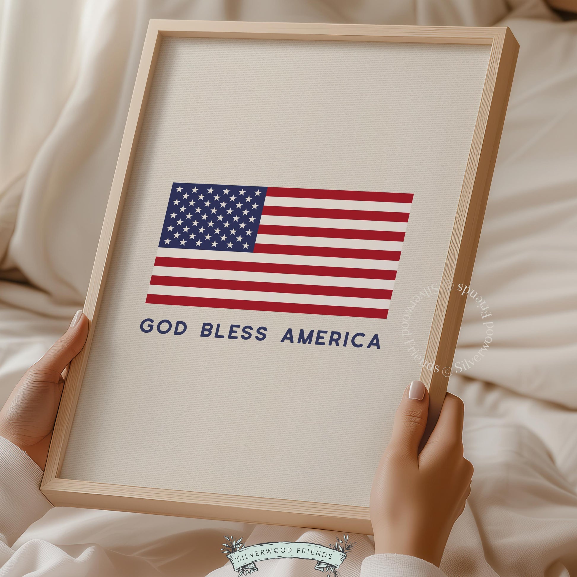 Simple flag design poster featuring muted red, white, blue tones — rustic patriotic home art