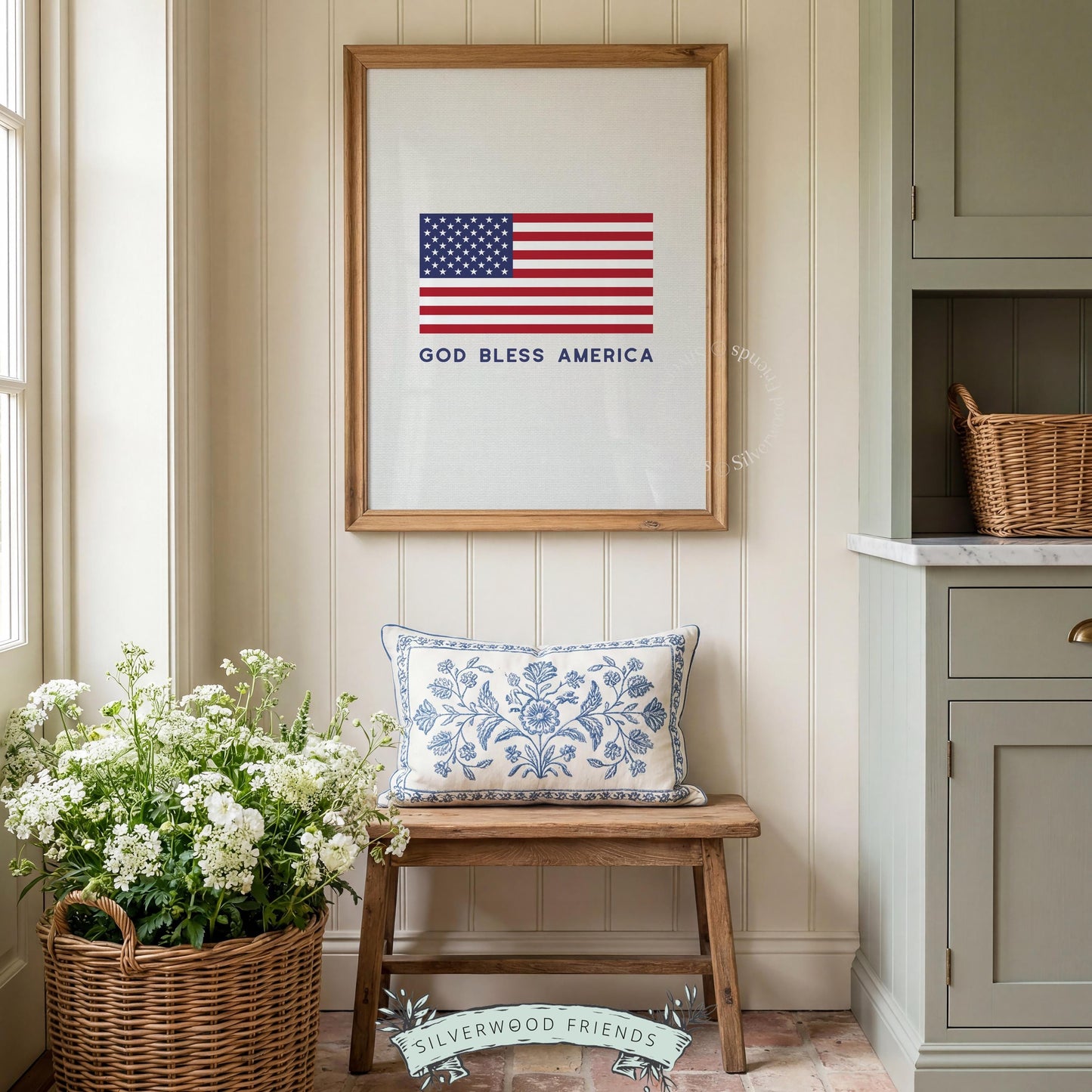 "God Bless America" wall picture with centered stars and stripes — farmhouse patriotic printable