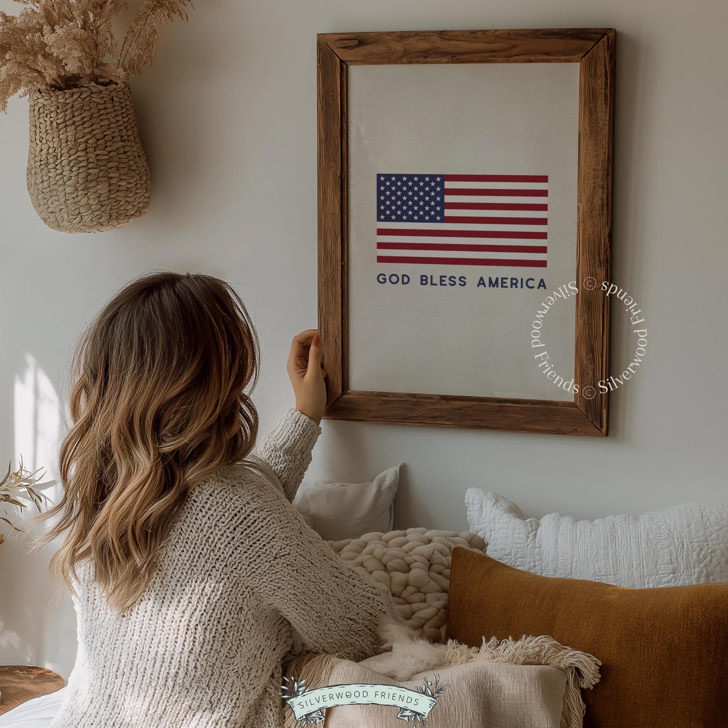 Country-style flag picture with inspirational phrase — muted-tone patriotic wall art printable