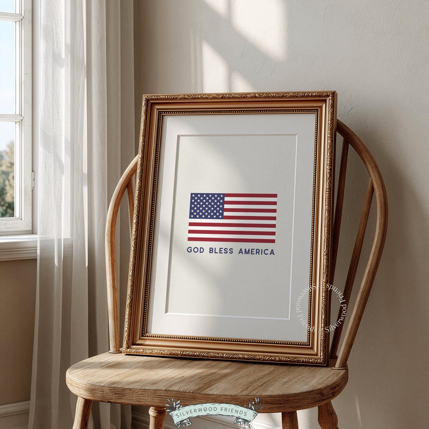 Farmhouse-aesthetic flag artwork with aged color palette — patriotic "God Bless America" digital art