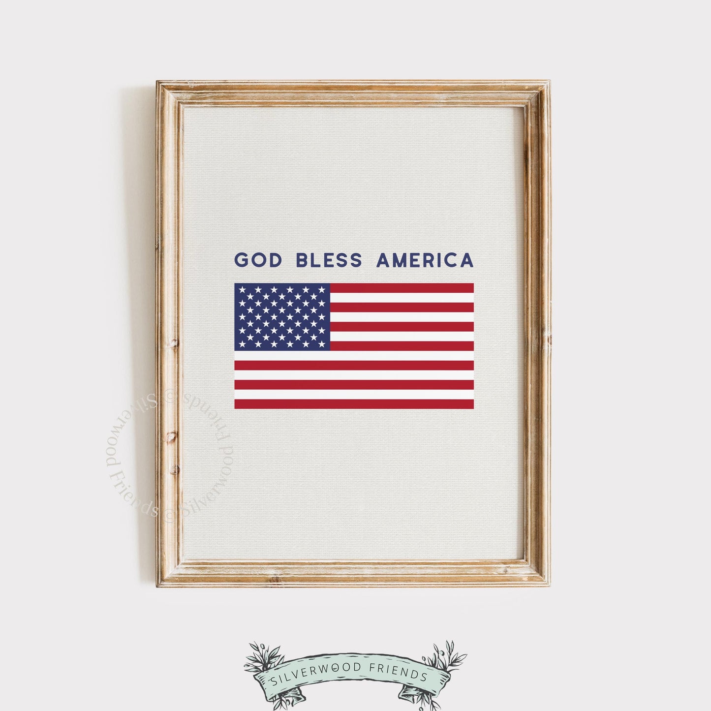 God Bless America instant download wall art — minimalist American flag with warm neutral farmhouse styling