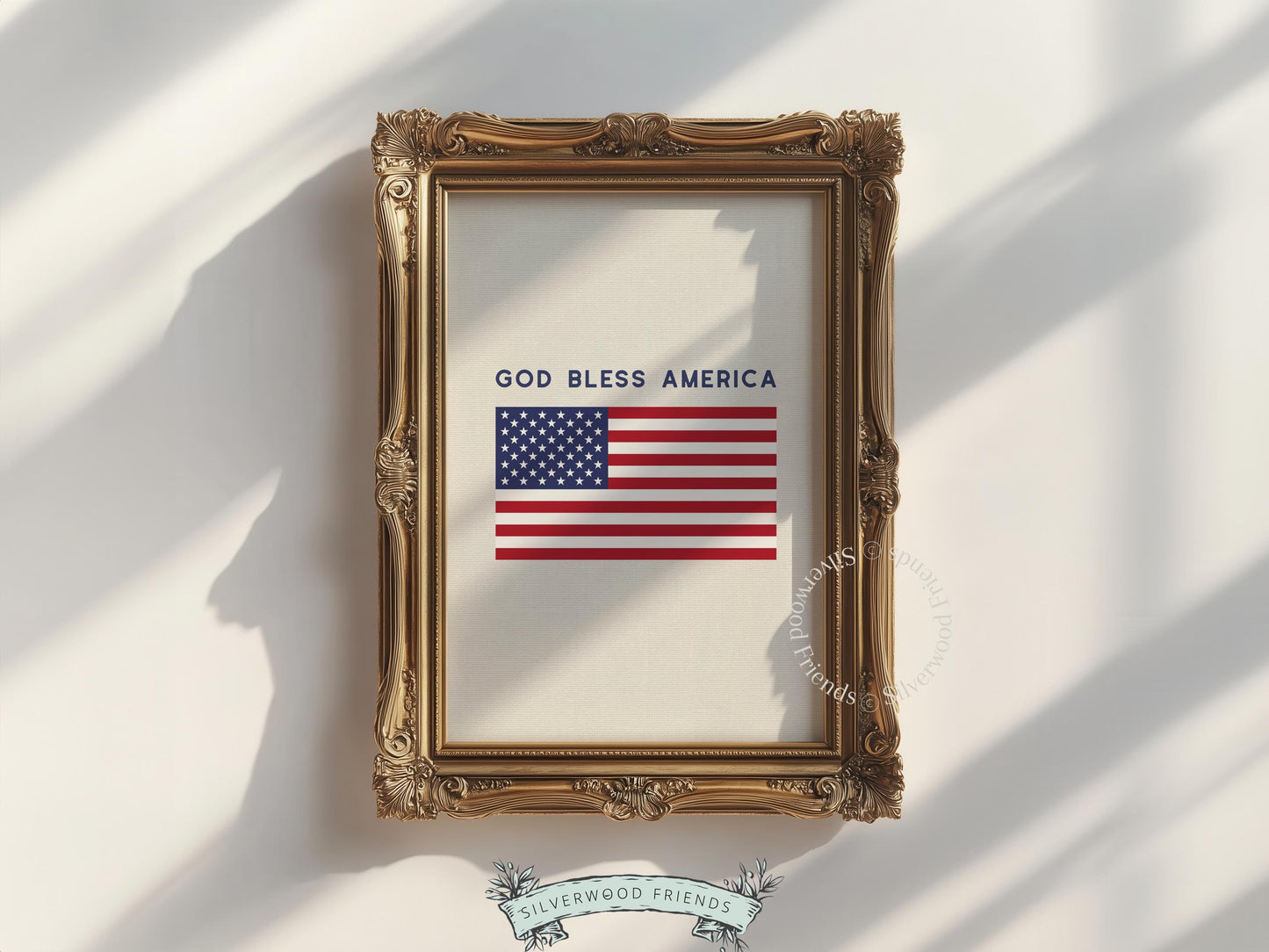 Vintage-style flag printable art for any room — patriotic USA graphic with "God Bless America" and neutral palette