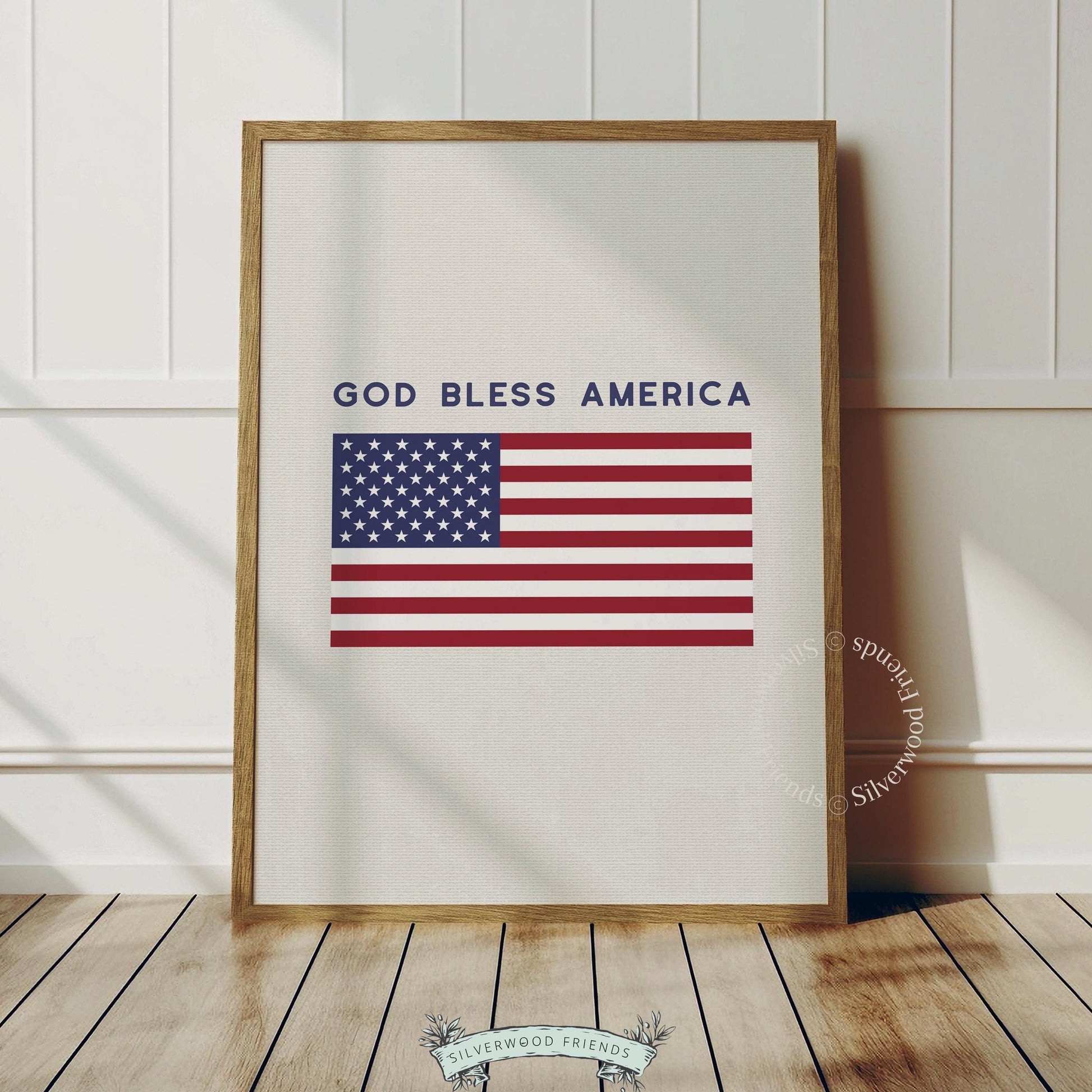 American flag print wall art for patriotic home — "God Bless America" text on cream farmhouse background with bold typography