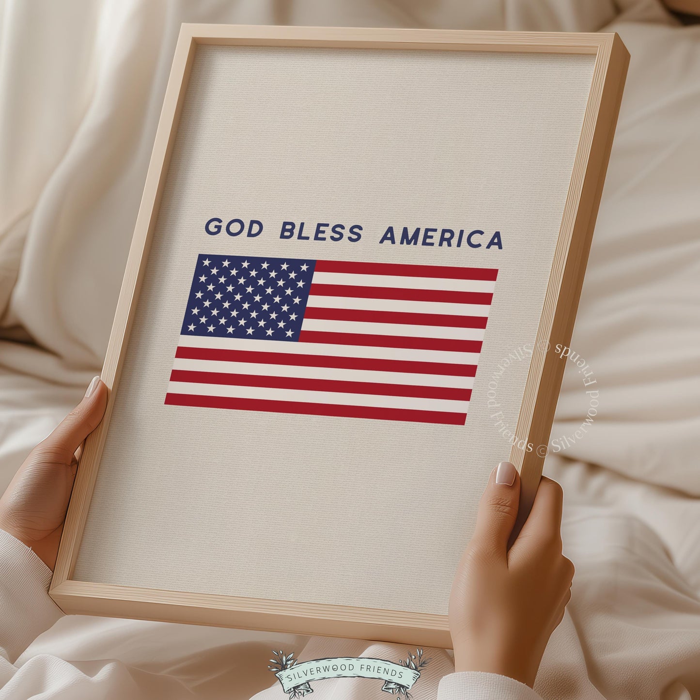 Printable American flag artwork for kitchen — vintage-style patriotic graphic with neutral color scheme