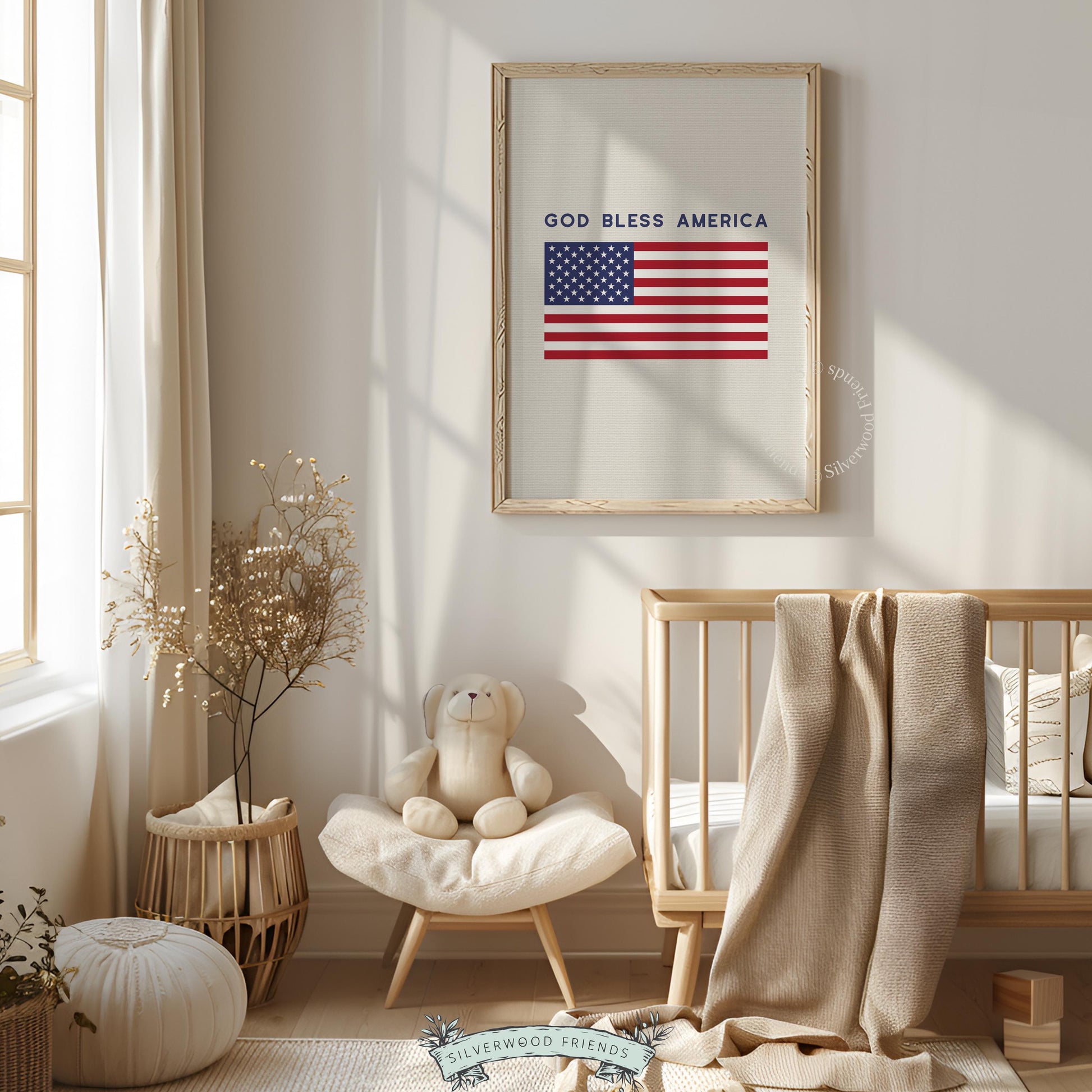 Patriotic flag print for office wall — centered USA illustration with "God Bless America" text farmhouse aesthetic