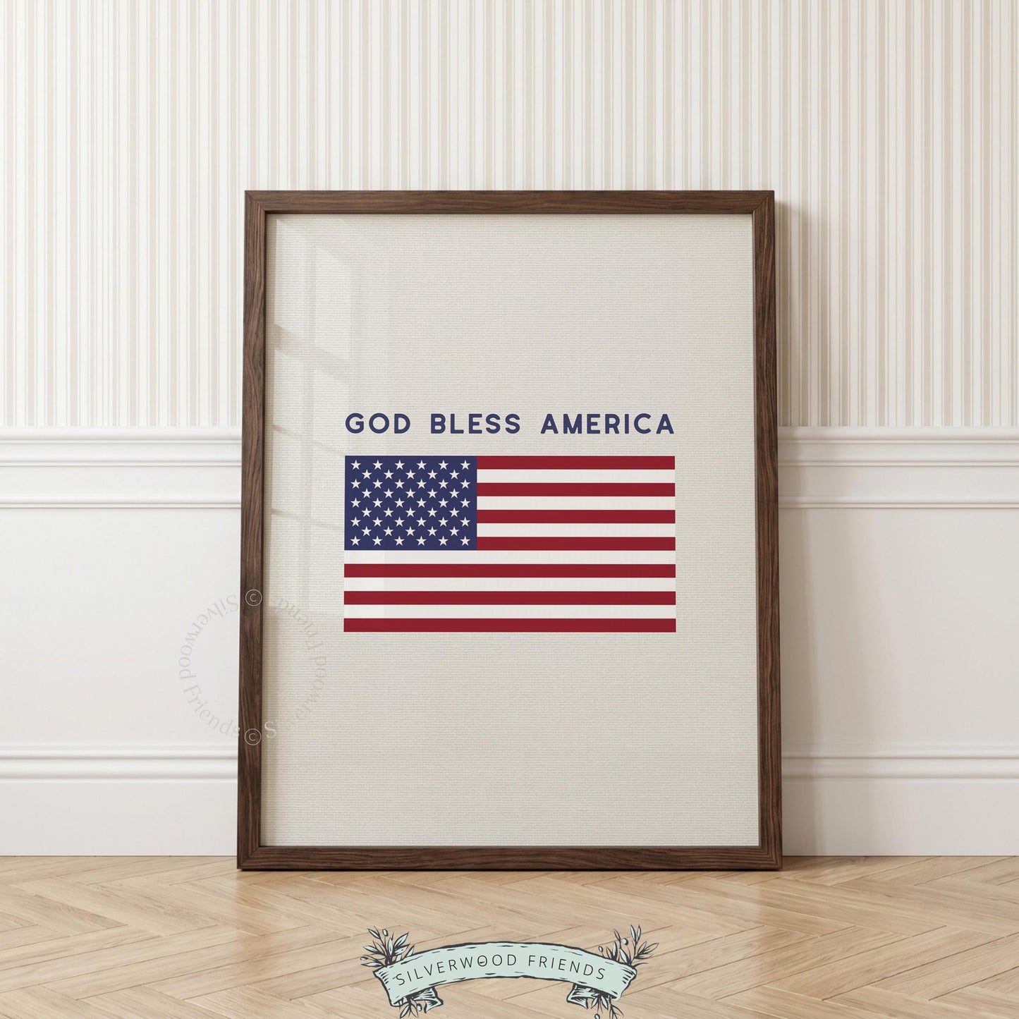 American flag digital artwork for bedroom — simple "God Bless America" graphic with rustic aged aesthetic