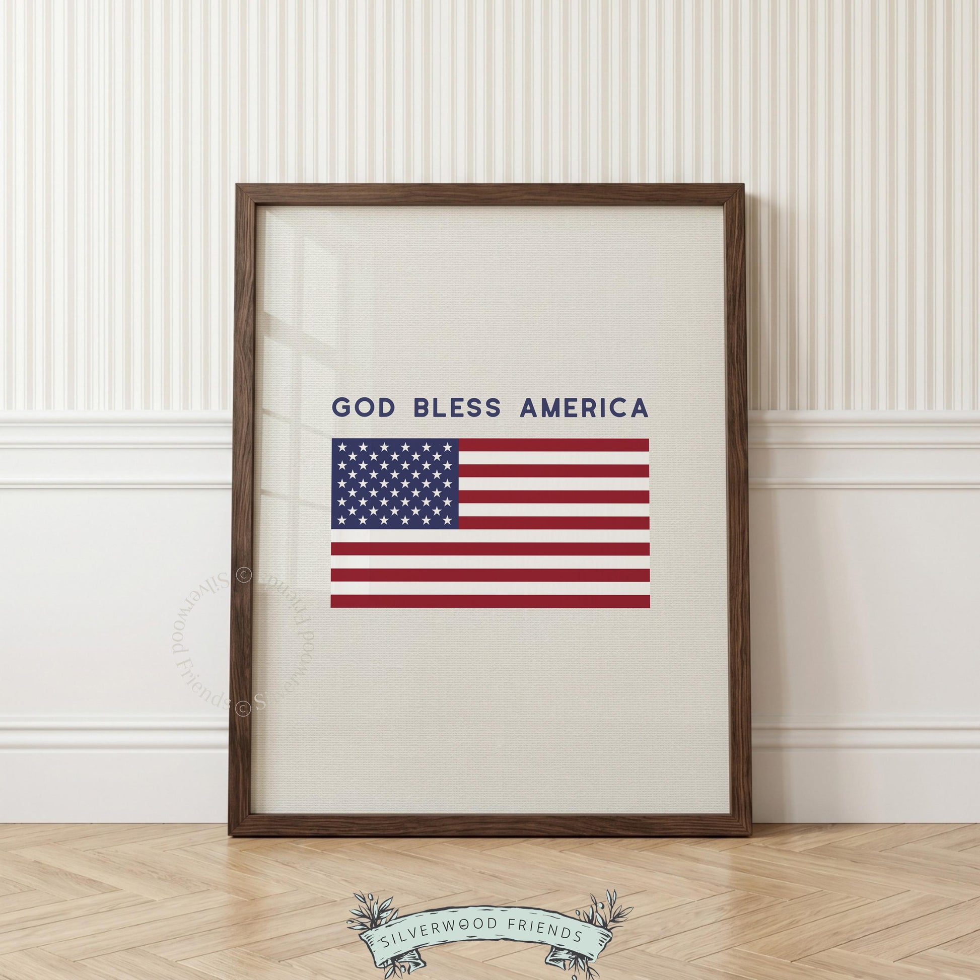 American flag digital artwork for bedroom — simple "God Bless America" graphic with rustic aged aesthetic