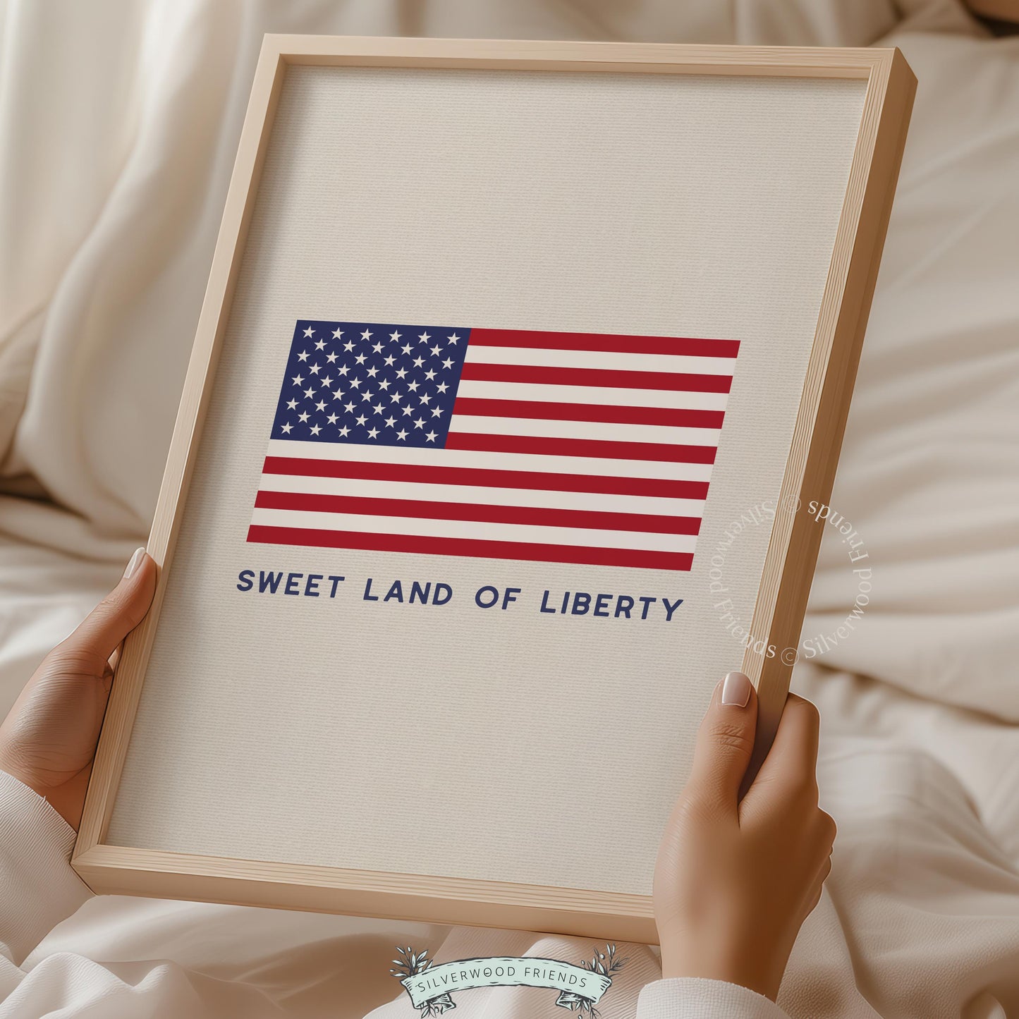Americana gallery wall art instant download — cream background featuring iconic flag and freedom-focused typography