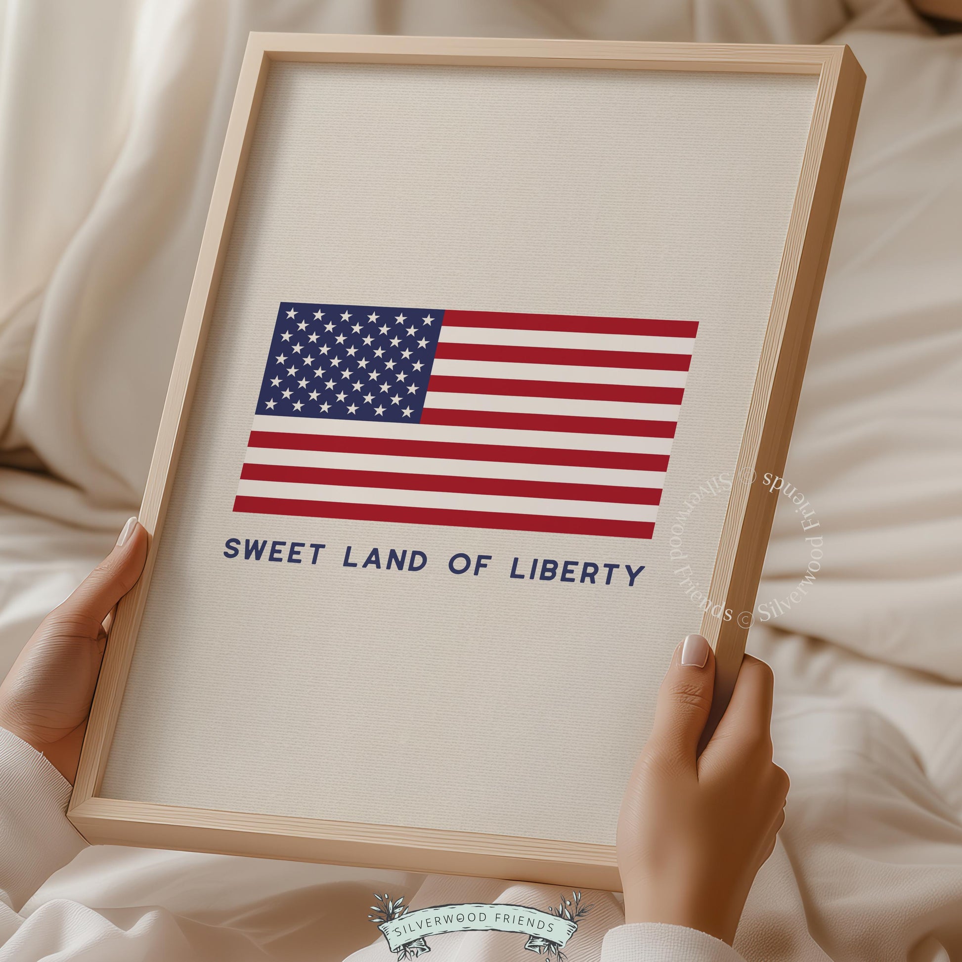 Americana gallery wall art instant download — cream background featuring iconic flag and freedom-focused typography